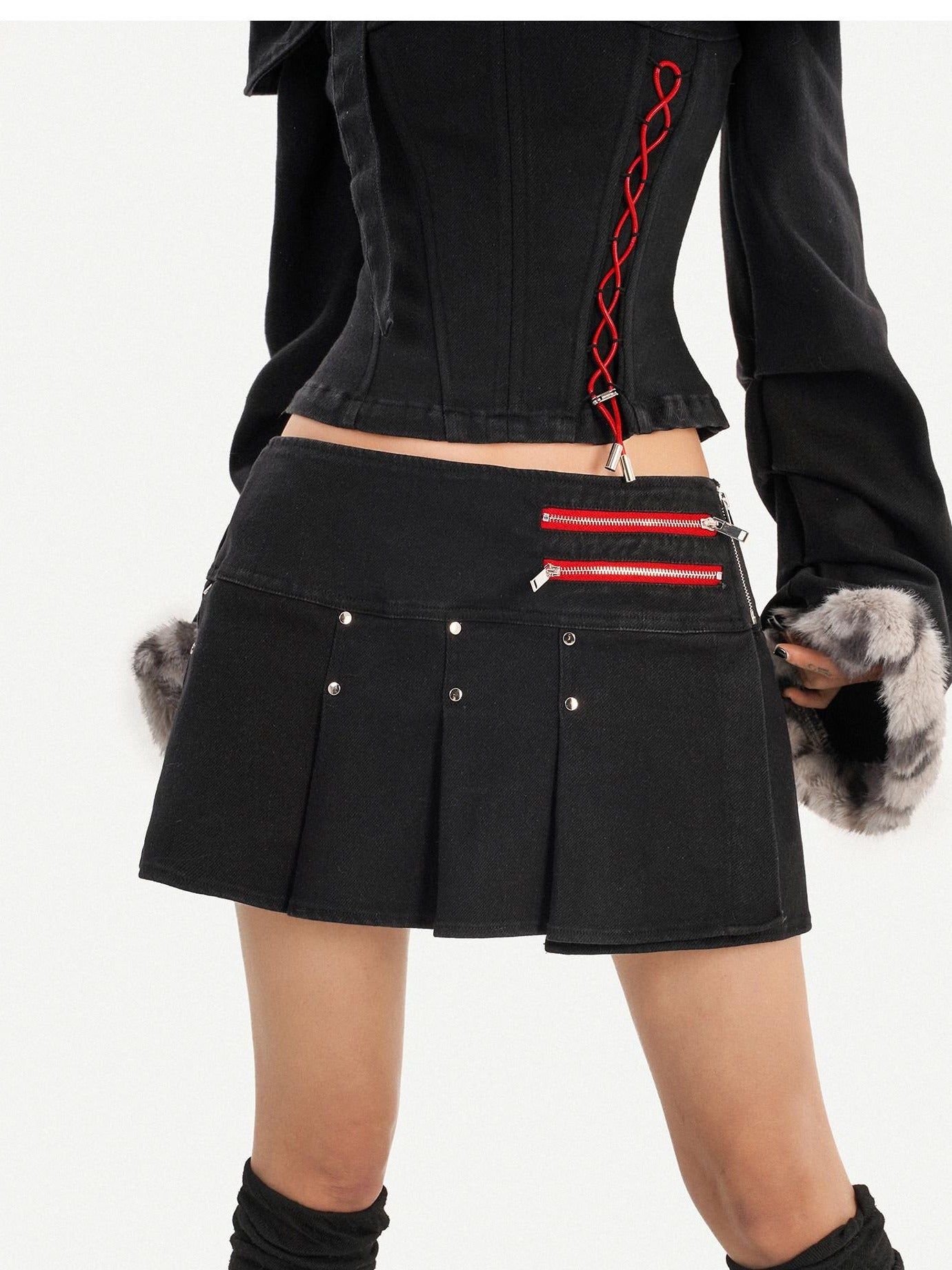 Nico Molly Low Waist Strappy Asymmetric Punk Pleated For Women Casual Black Mini Skirts