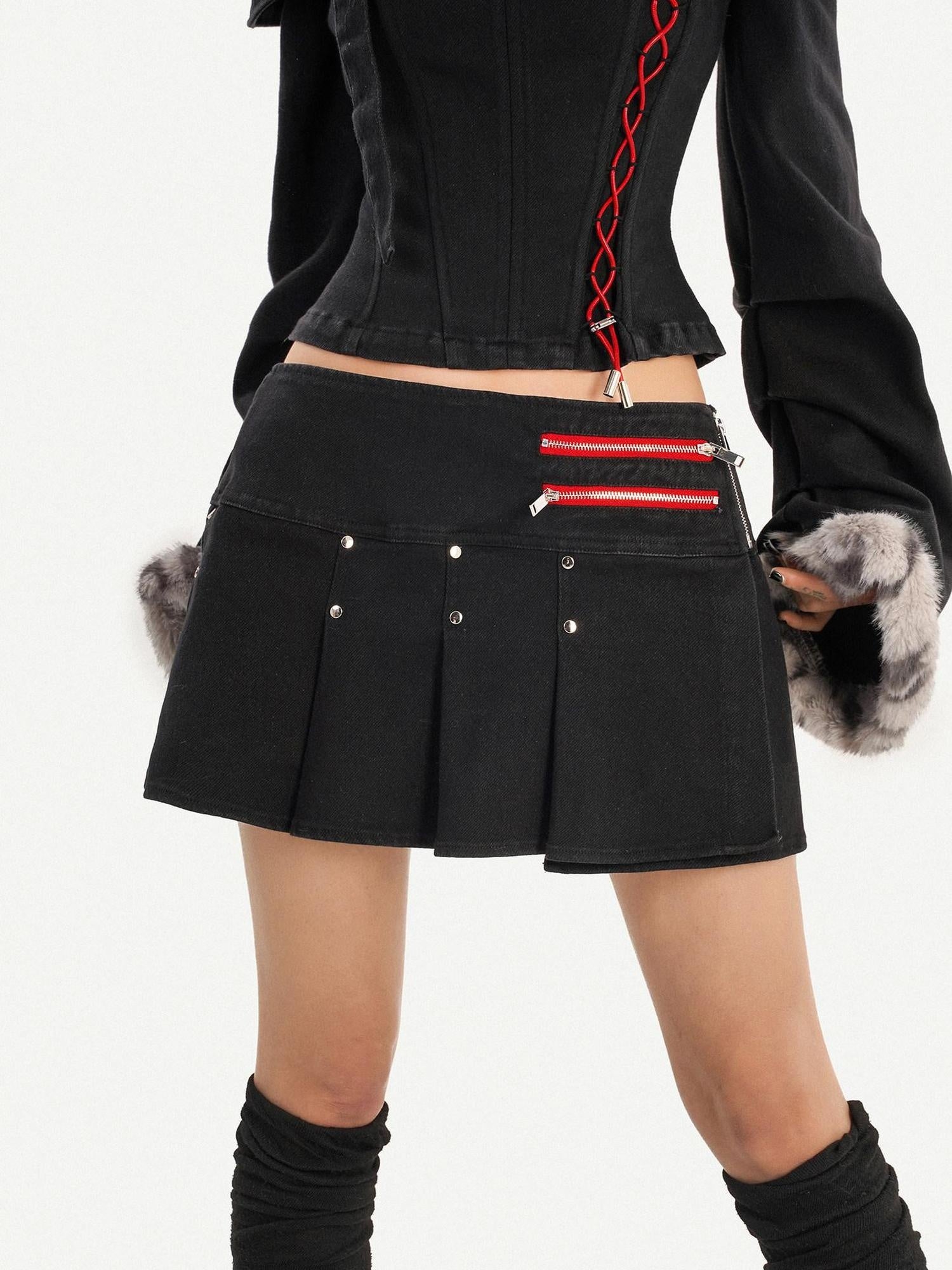 Nico Molly Low Waist Strappy Asymmetric Punk Pleated For Women Casual Black Mini Skirts