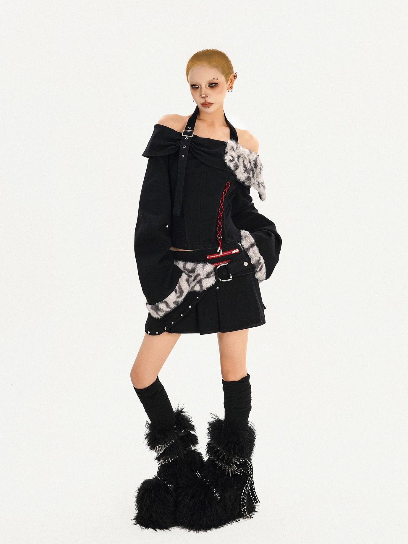 Nico Molly Low Waist Strappy Asymmetric Punk Pleated For Women Casual Black Mini Skirts