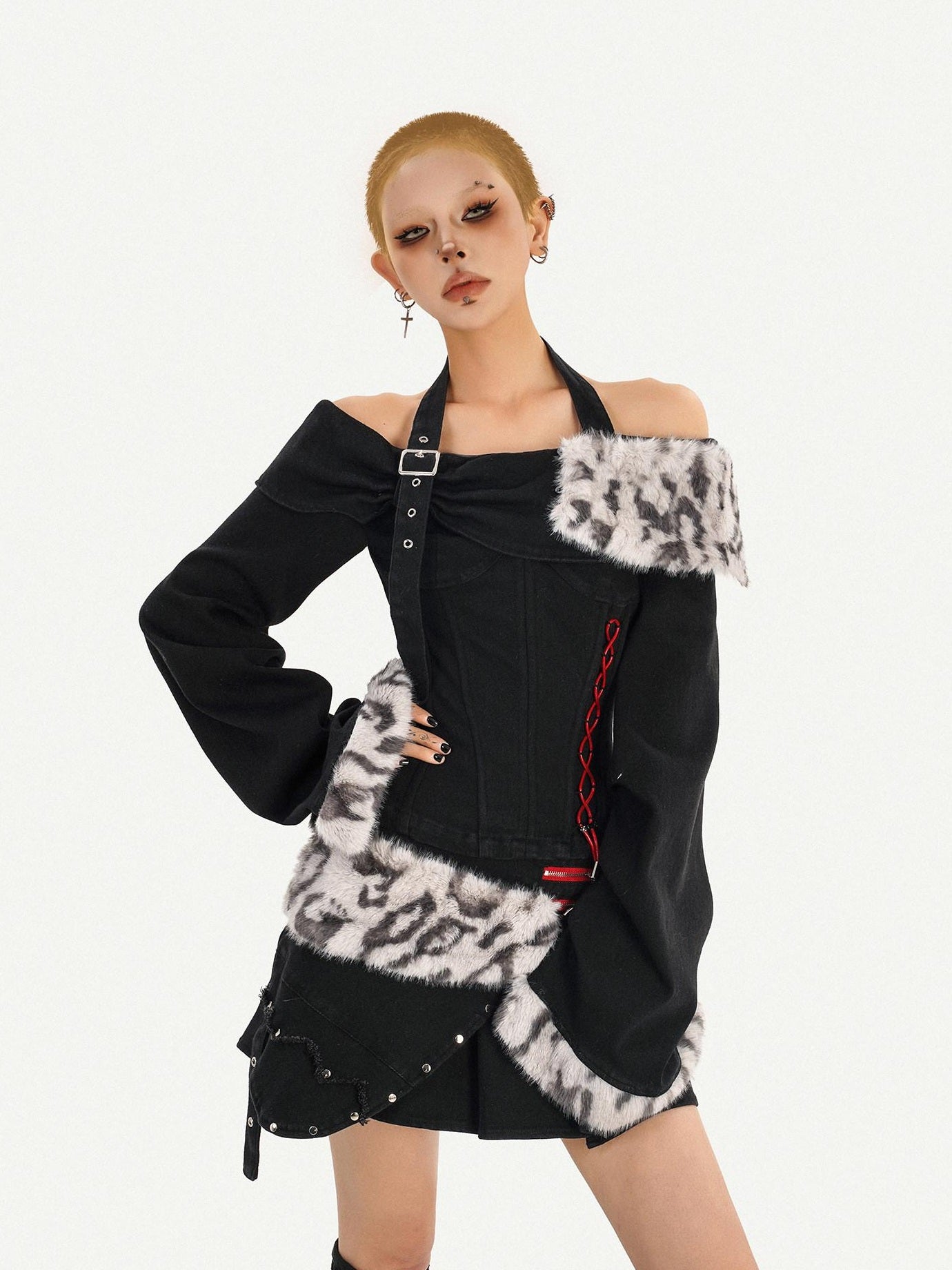 Nico Molly Low Waist Strappy Asymmetric Punk Pleated For Women Casual Black Mini Skirts