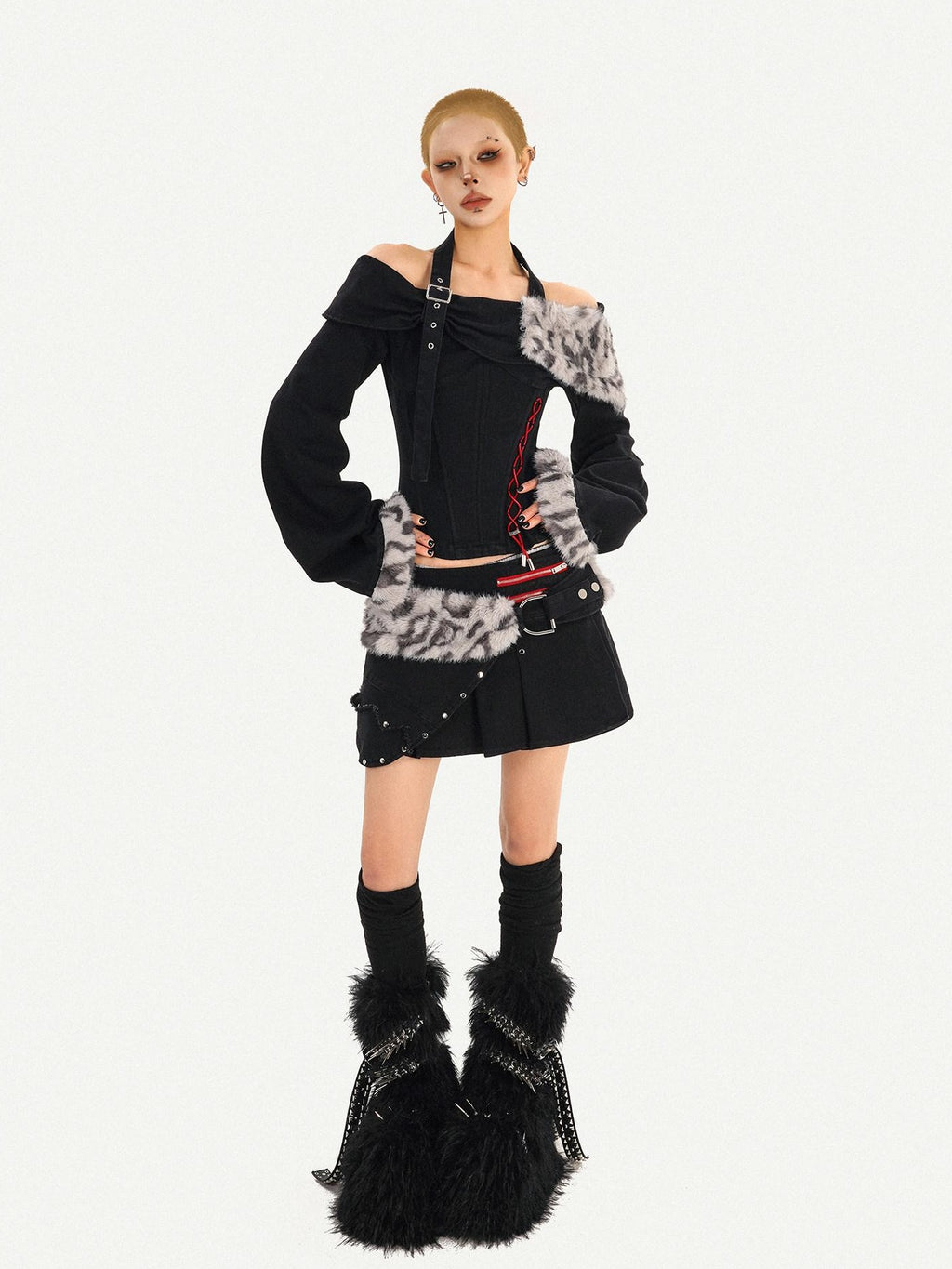 Nico Molly Low Waist Strappy Asymmetric Punk Pleated For Women Casual Black Mini Skirts