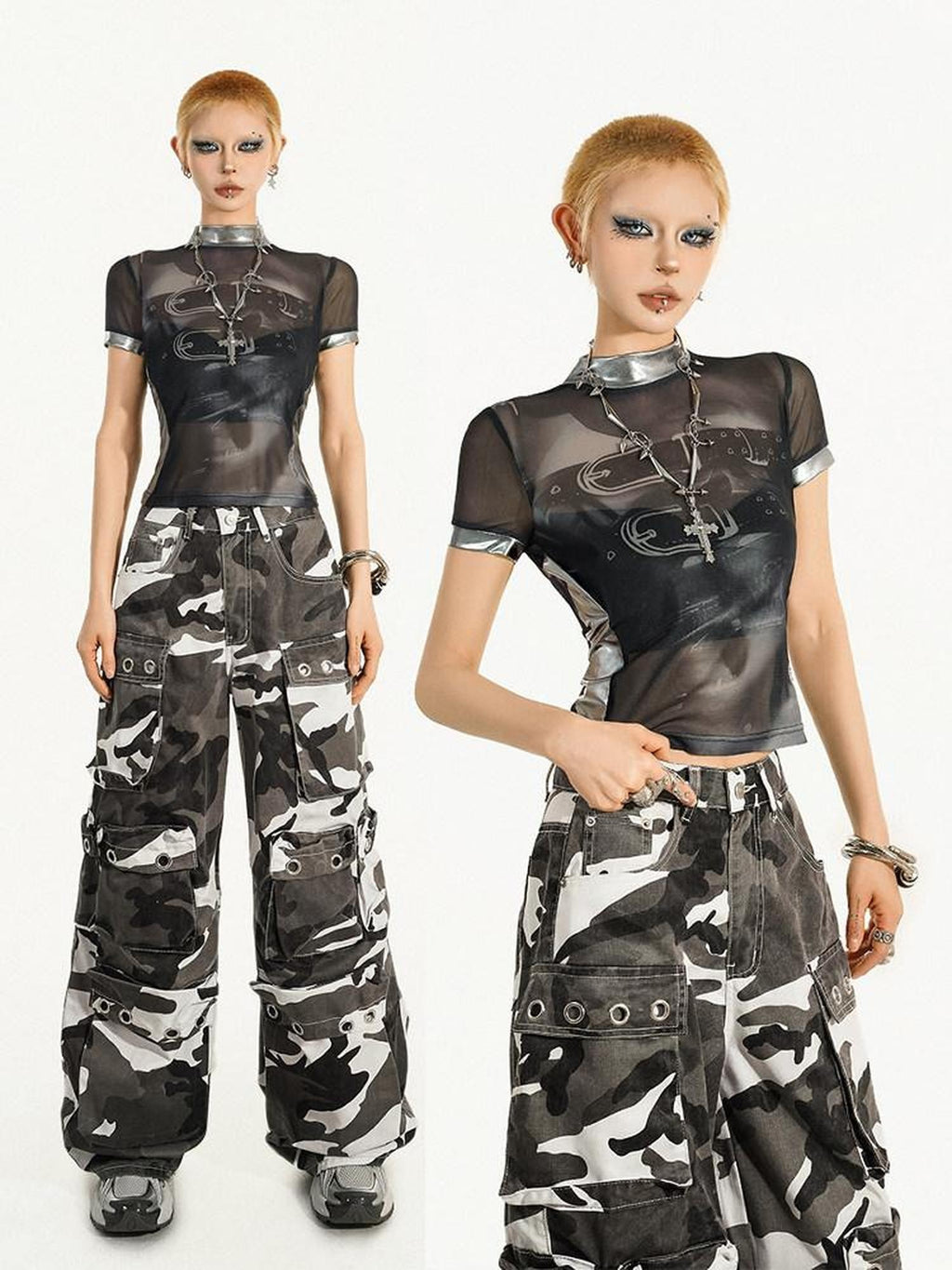 Nico Molly Mesh Printed Street Slim Women Short Sleeve Round Neck Black Basic Crop Tops