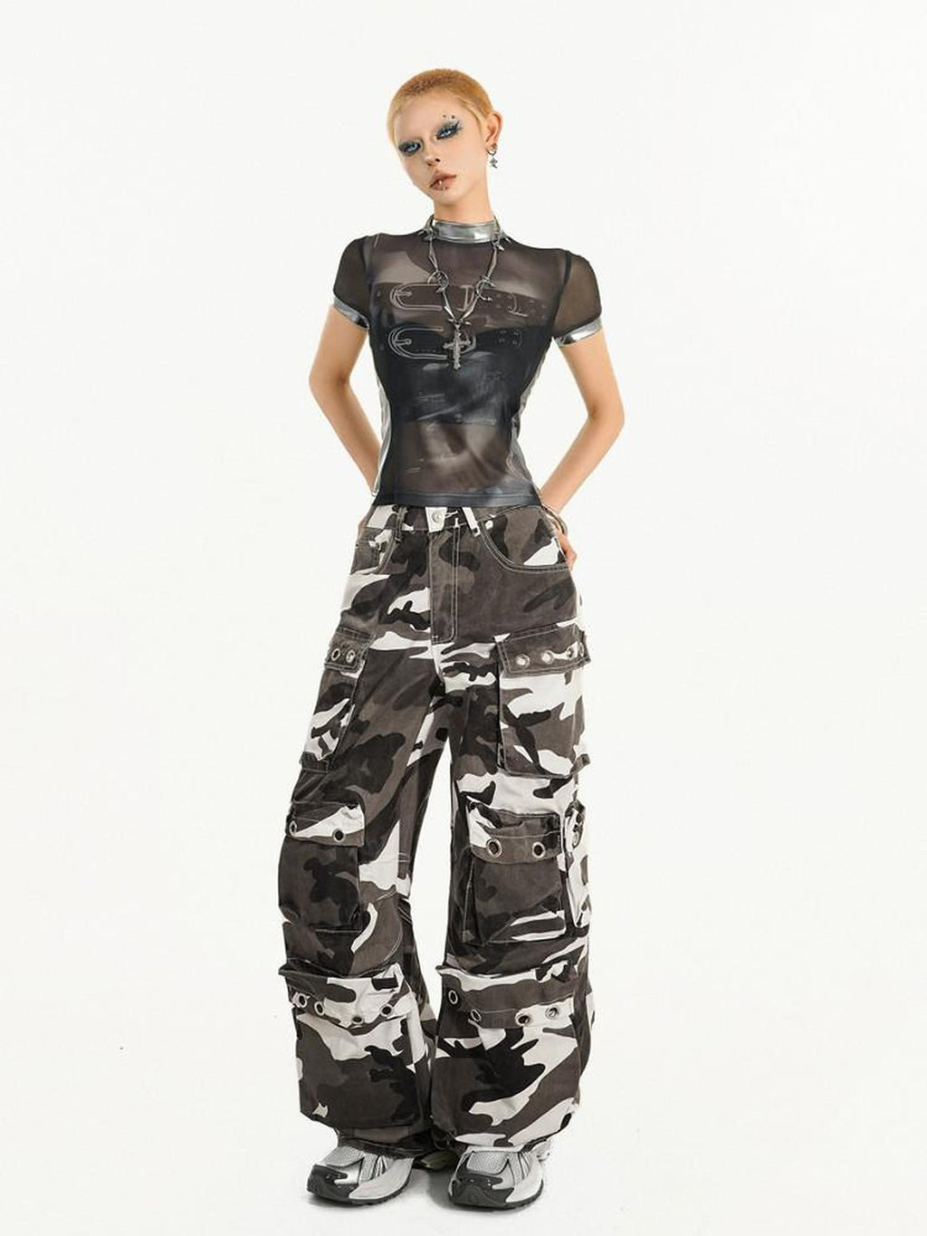 Nico Molly Mesh Printed Street Slim Women Short Sleeve Round Neck Black Basic Crop Tops