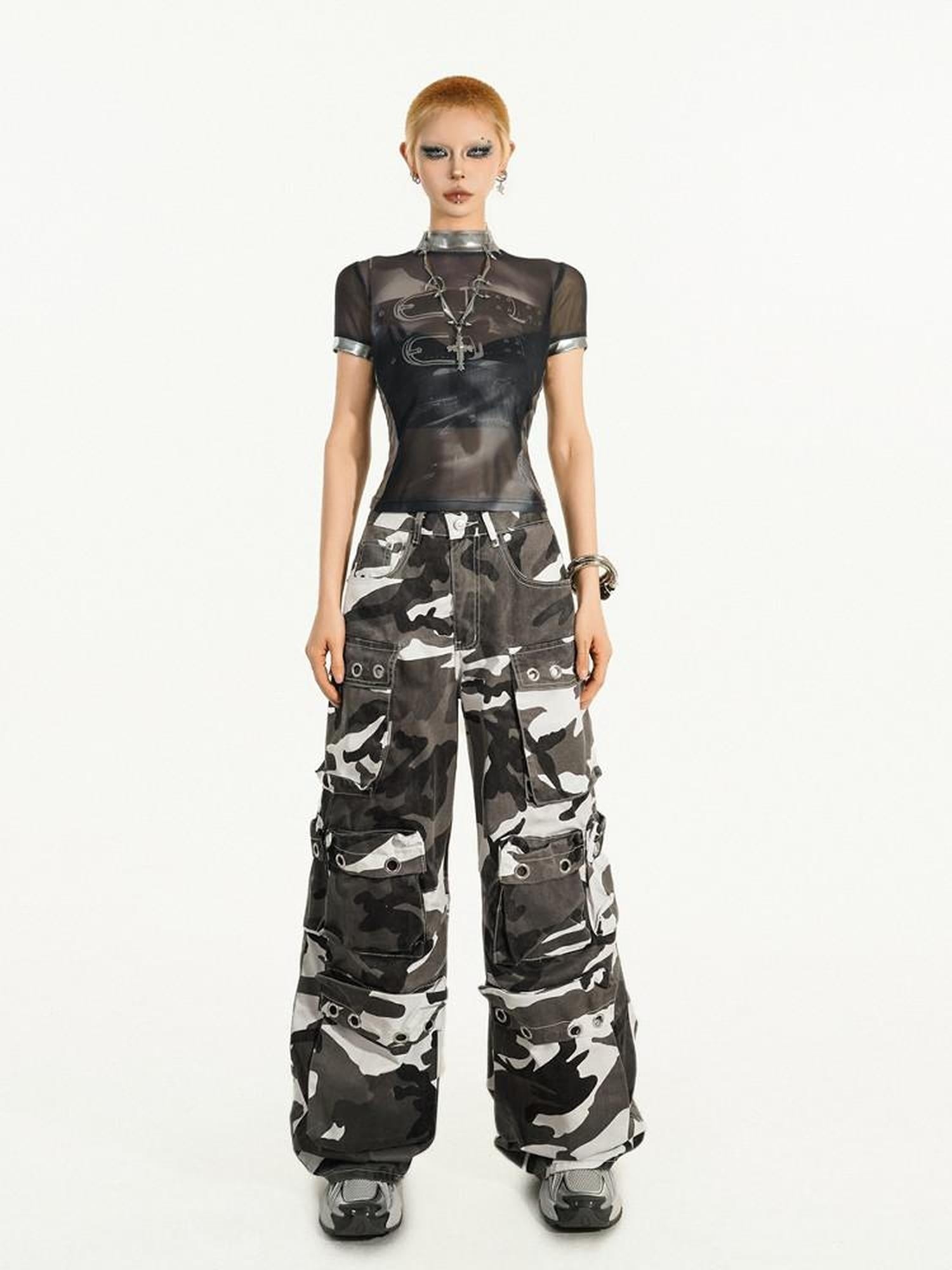 Nico Molly Mesh Printed Street Slim Women Short Sleeve Round Neck Black Basic Crop Tops