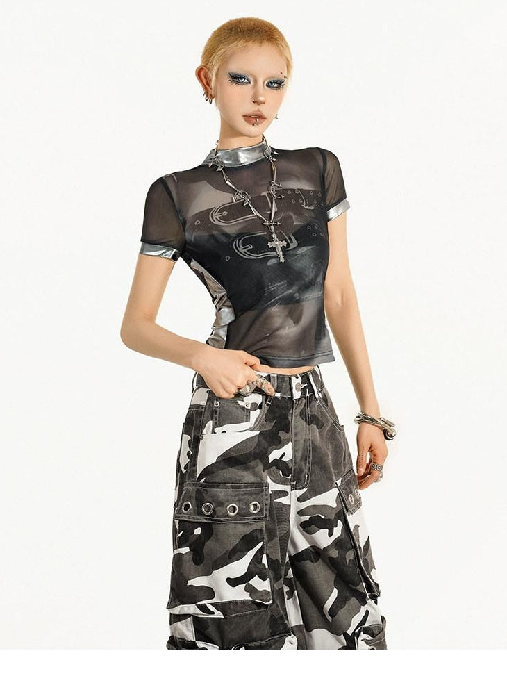 Nico Molly Mesh Printed Street Slim Women Short Sleeve Round Neck Black Basic Crop Tops