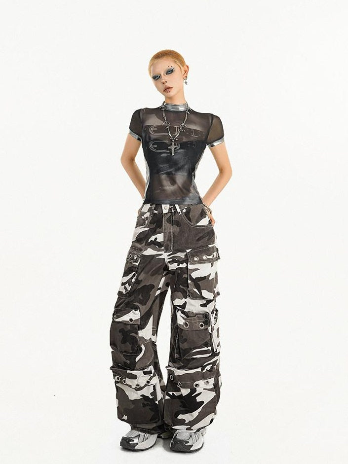 Nico Molly Mesh Printed Street Slim Women Short Sleeve Round Neck Black Basic Crop Tops