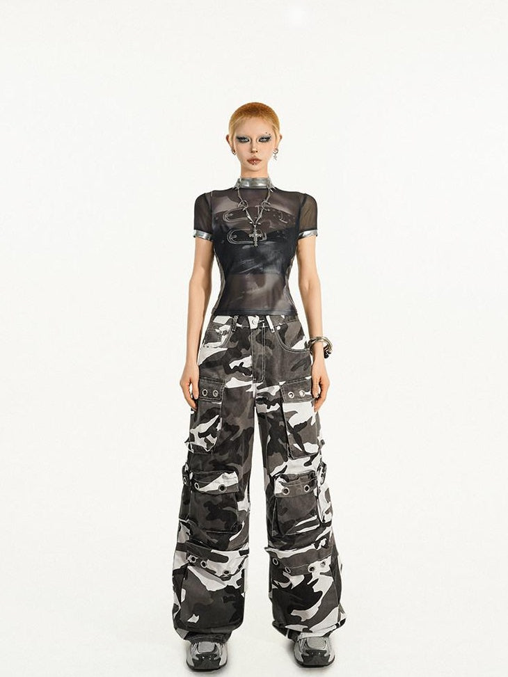 Nico Molly Mesh Printed Street Slim Women Short Sleeve Round Neck Black Basic Crop Tops