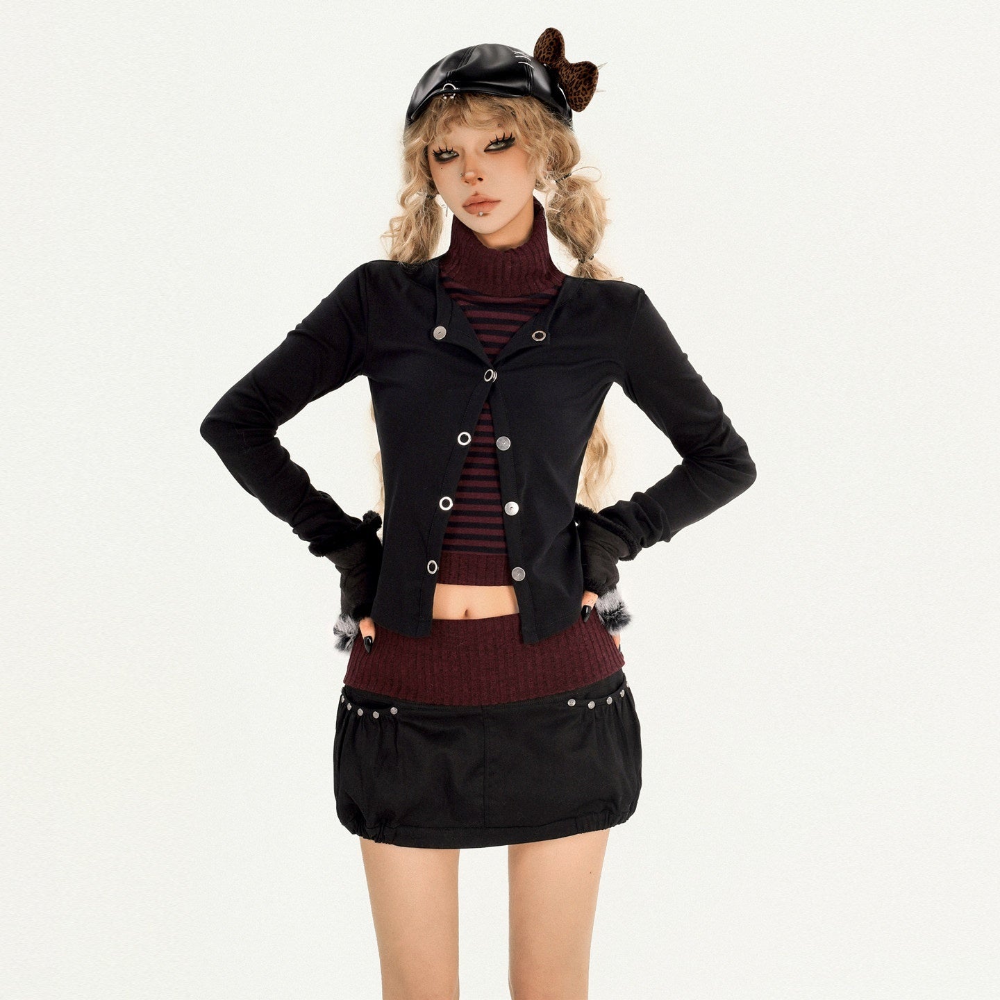 Nico_Molly_Metal_Trim_Cropped_Turtleneck_Slim_High_Waist_Black_Top_&_Skirt_Sets_MISSTT
