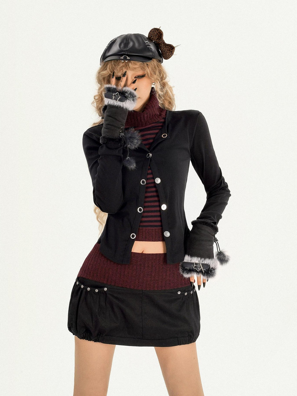Nico Molly Metal Trim Cropped Turtleneck Slim High Waist Black Top & Skirt Sets