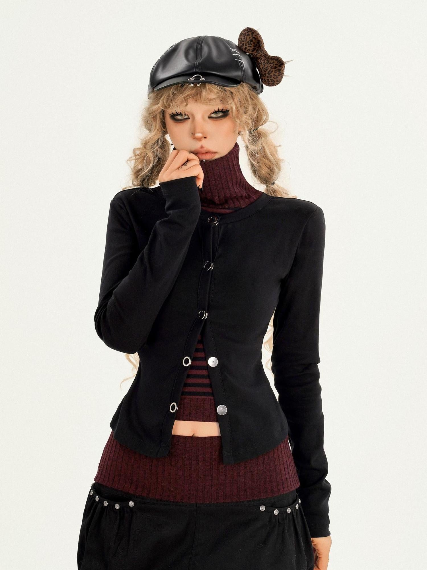Nico Molly Metal Trim Cropped Turtleneck Slim High Waist Black Top & Skirt Sets