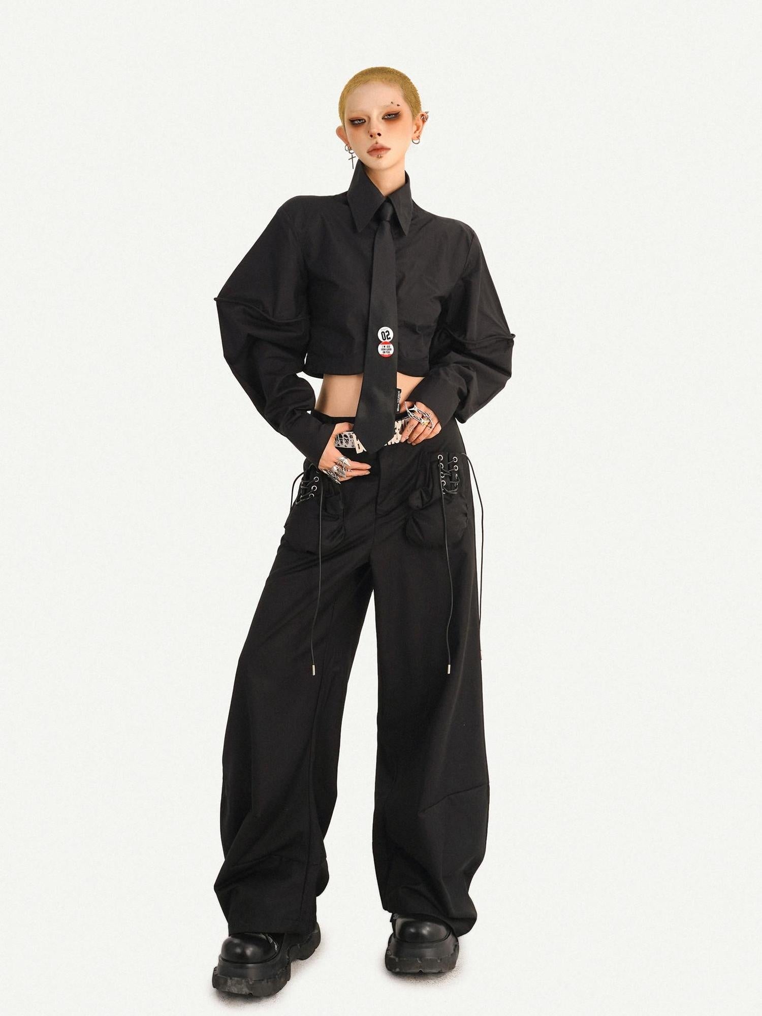 Nico Molly Minimalist High Waist Drawstring Black Casual Women Wide Leg Pants