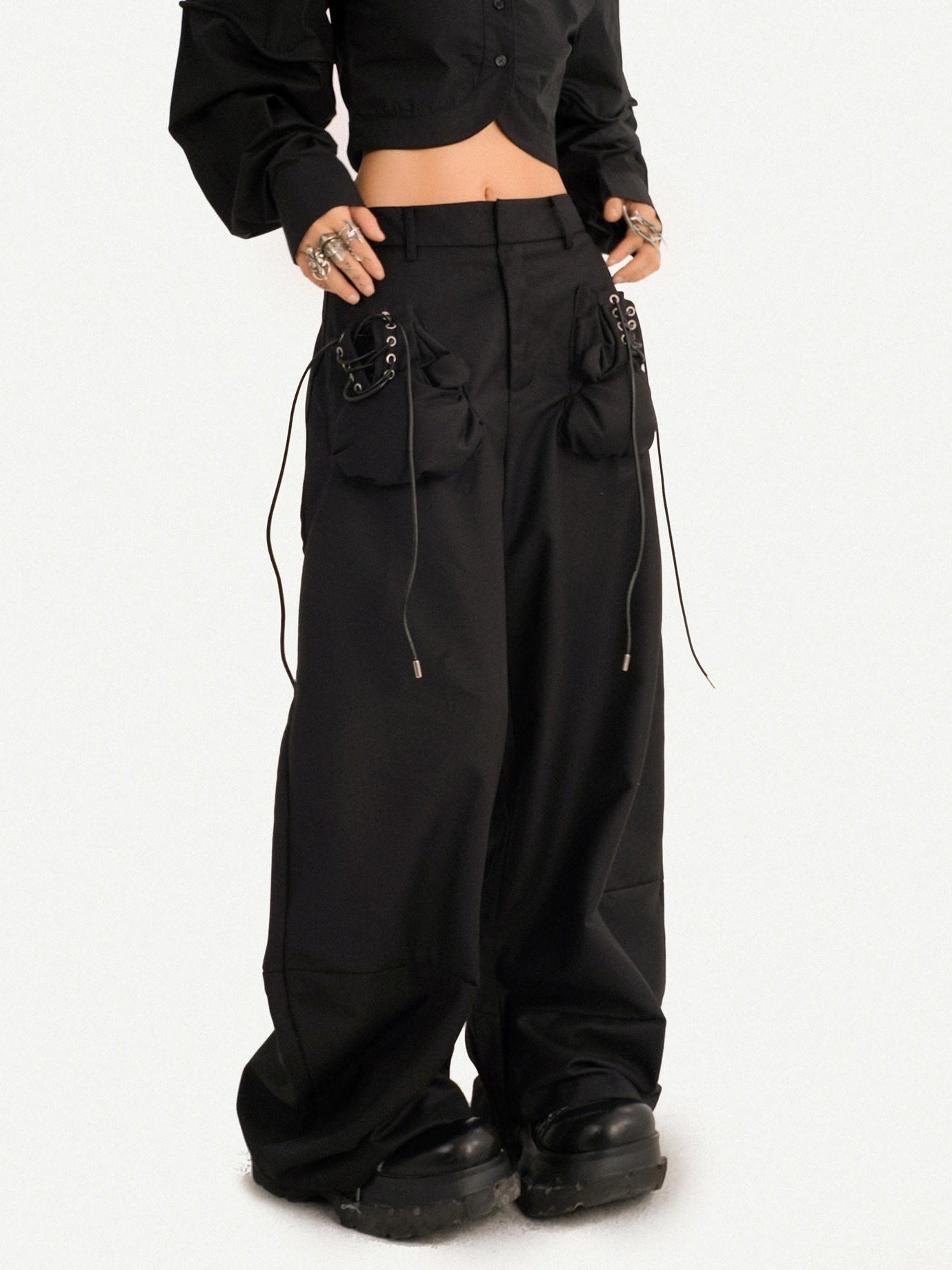 Nico Molly Minimalist High Waist Drawstring Black Casual Women Wide Leg Pants