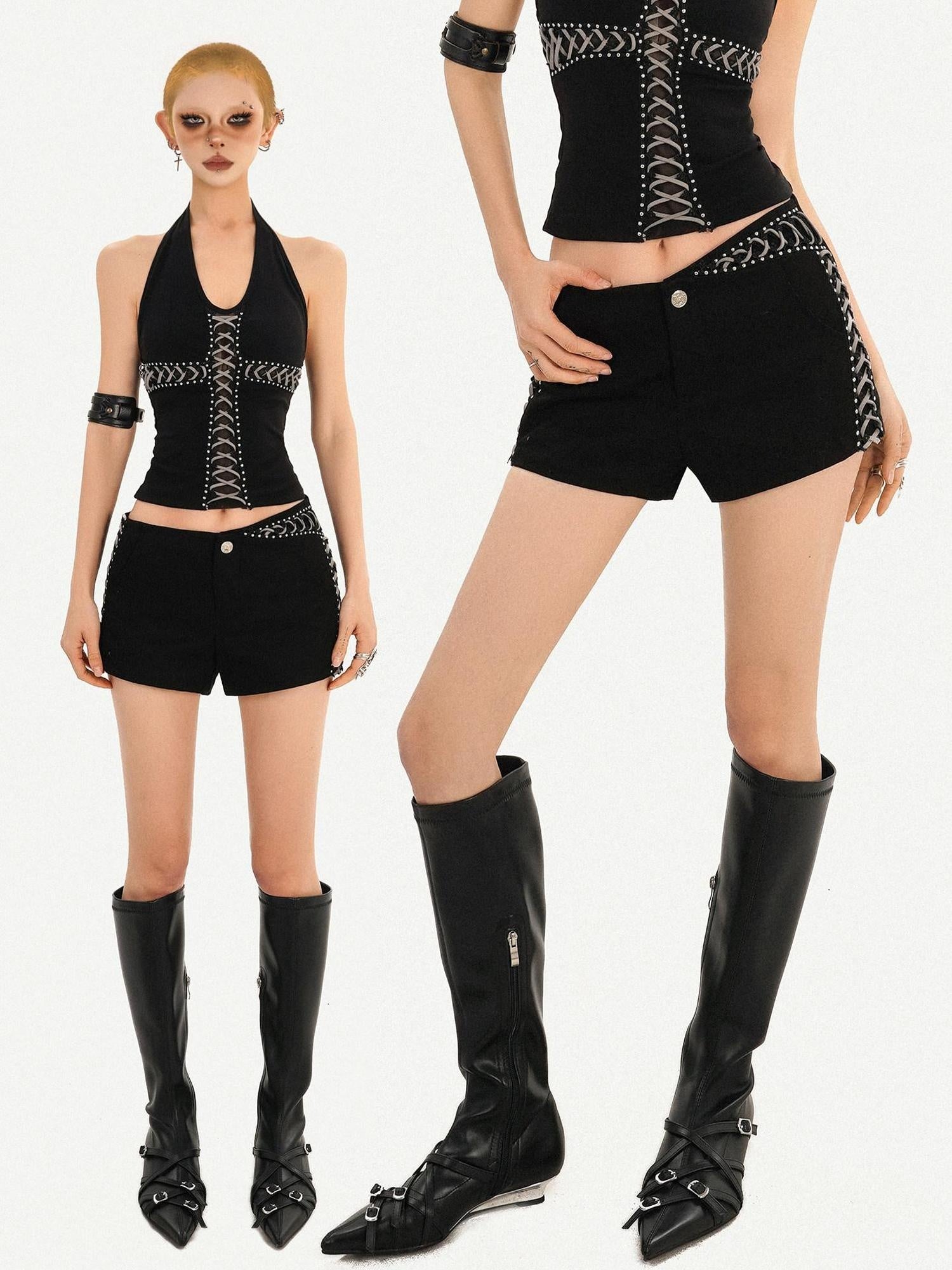 Nico Molly Natural Waist Sexy Slim Button Front Women Black Mini Shorts