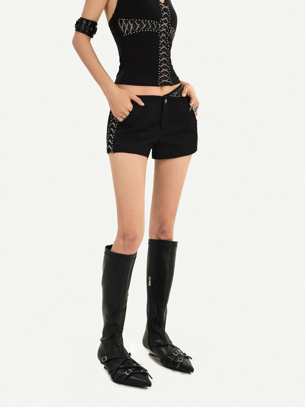 Nico Molly Natural Waist Sexy Slim Button Front Women Black Mini Shorts