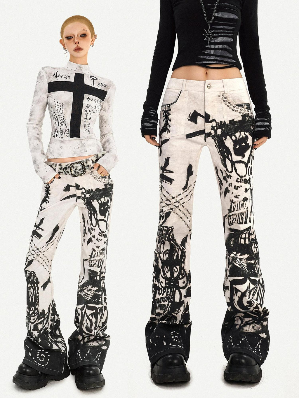 Nico Molly Natural Waist Street Studded Ink Wash Button Fly White Rigid Straight Leg Jeans
