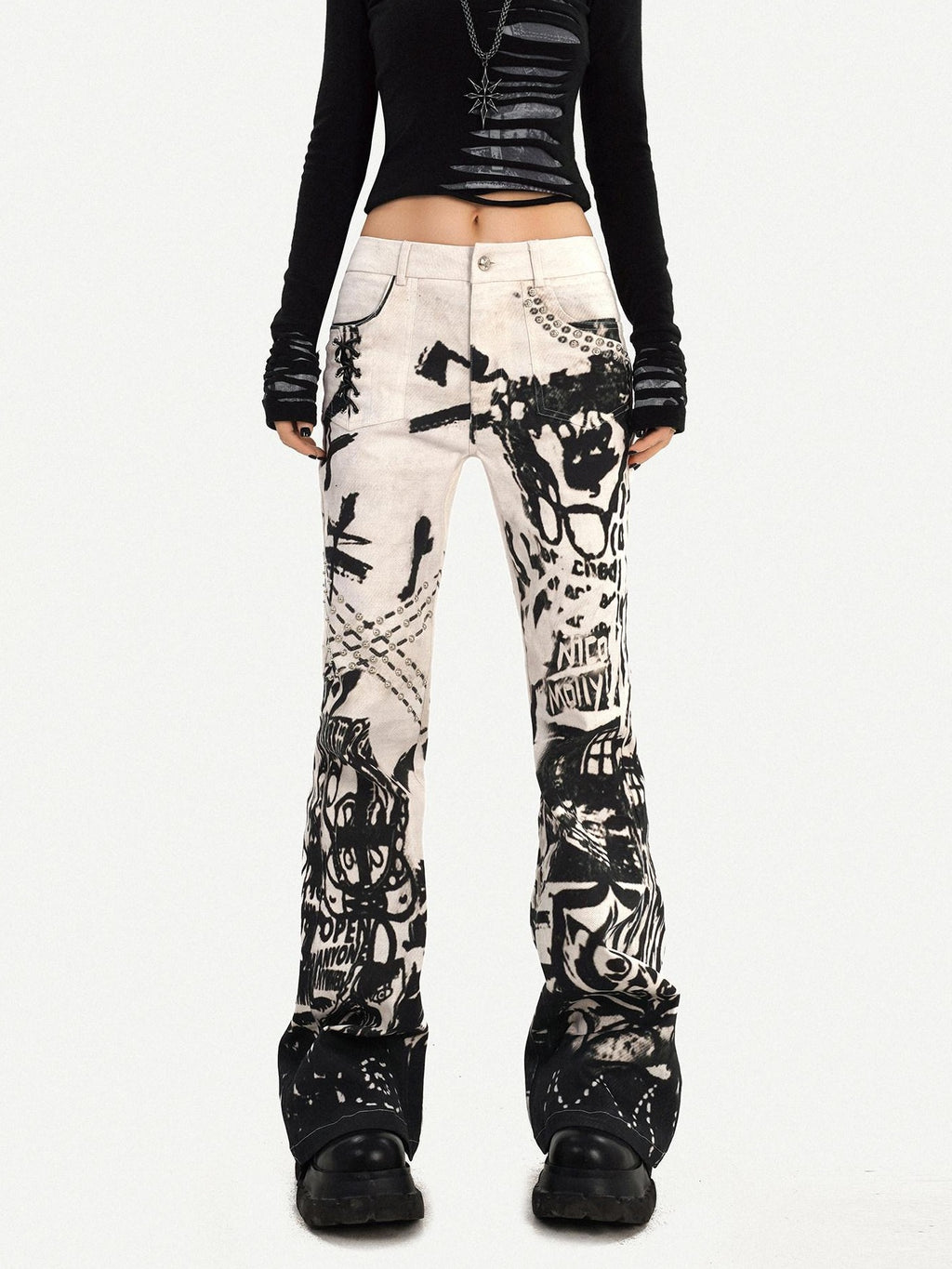 Nico Molly Natural Waist Street Studded Ink Wash Button Fly White Rigid Straight Leg Jeans
