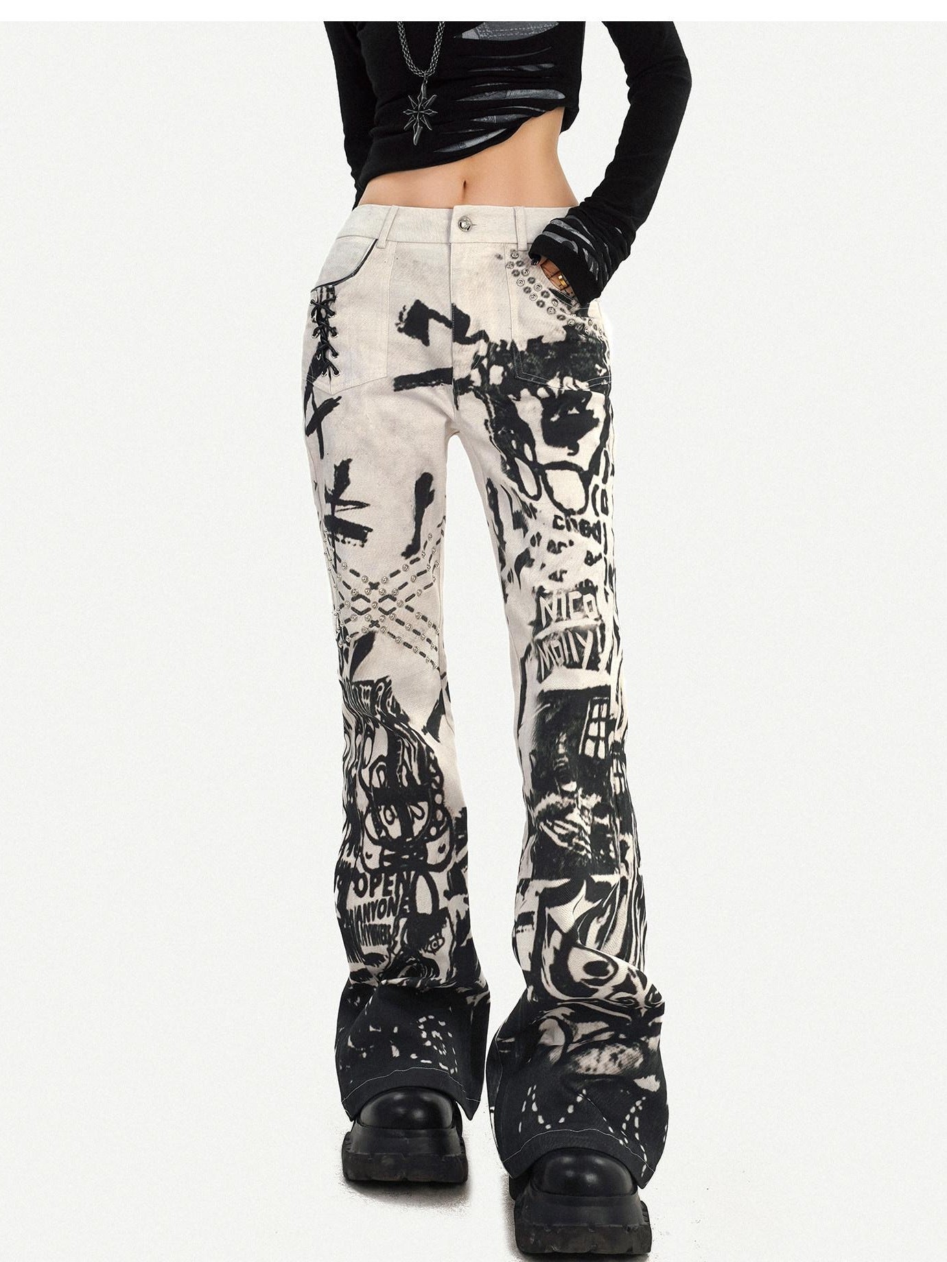 Nico Molly Natural Waist Street Studded Ink Wash Button Fly White Rigid Straight Leg Jeans