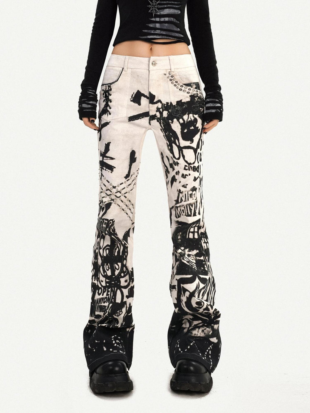 Nico Molly Natural Waist Street Studded Ink Wash Button Fly White Rigid Straight Leg Jeans