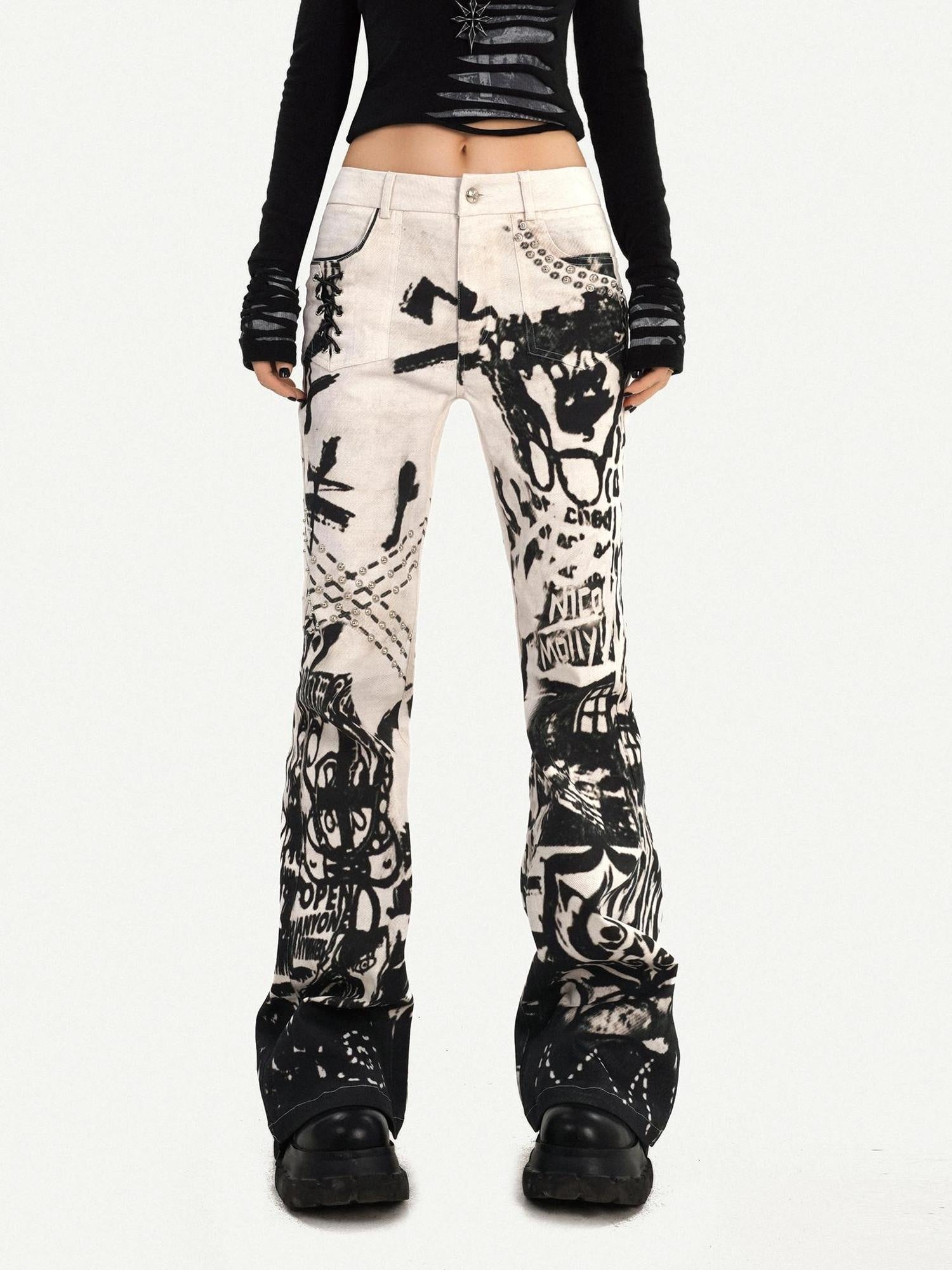 Nico Molly Natural Waist Street Studded Ink Wash Button Fly White Rigid Straight Leg Jeans