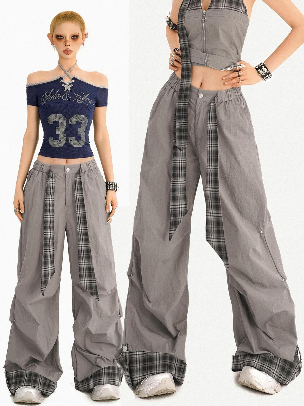 Nico Molly Natural Waist Vintage Plaid Tie Waist Cuffed Women Gray Polyester Wide Leg Pants