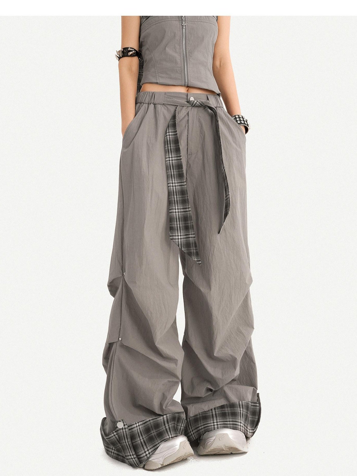 Nico Molly Natural Waist Vintage Plaid Tie Waist Cuffed Women Gray Polyester Wide Leg Pants