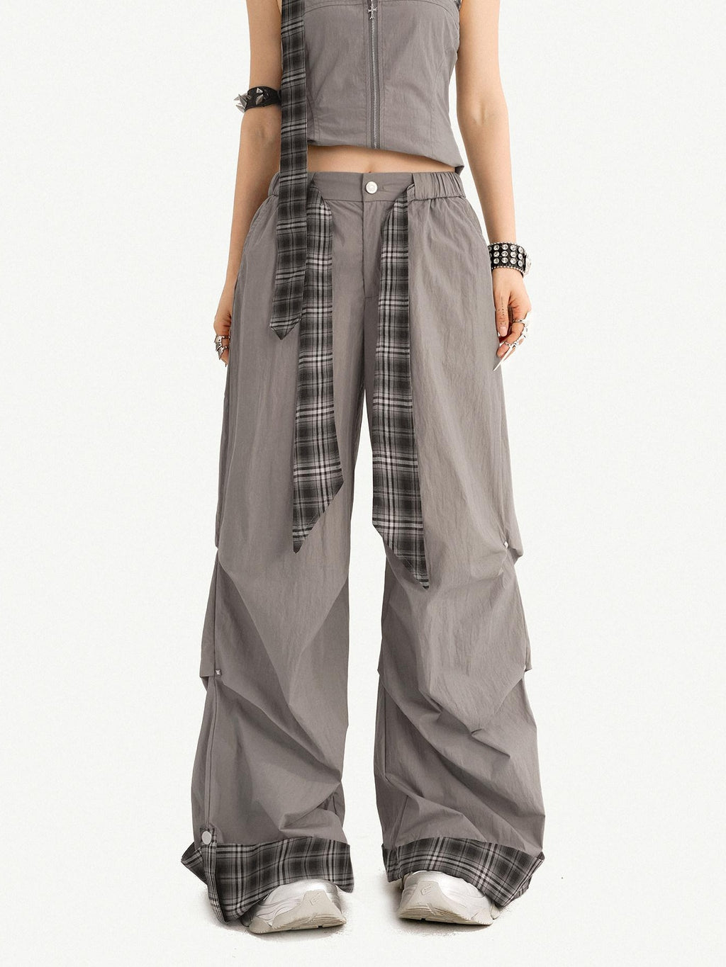 Nico Molly Natural Waist Vintage Plaid Tie Waist Cuffed Women Gray Polyester Wide Leg Pants