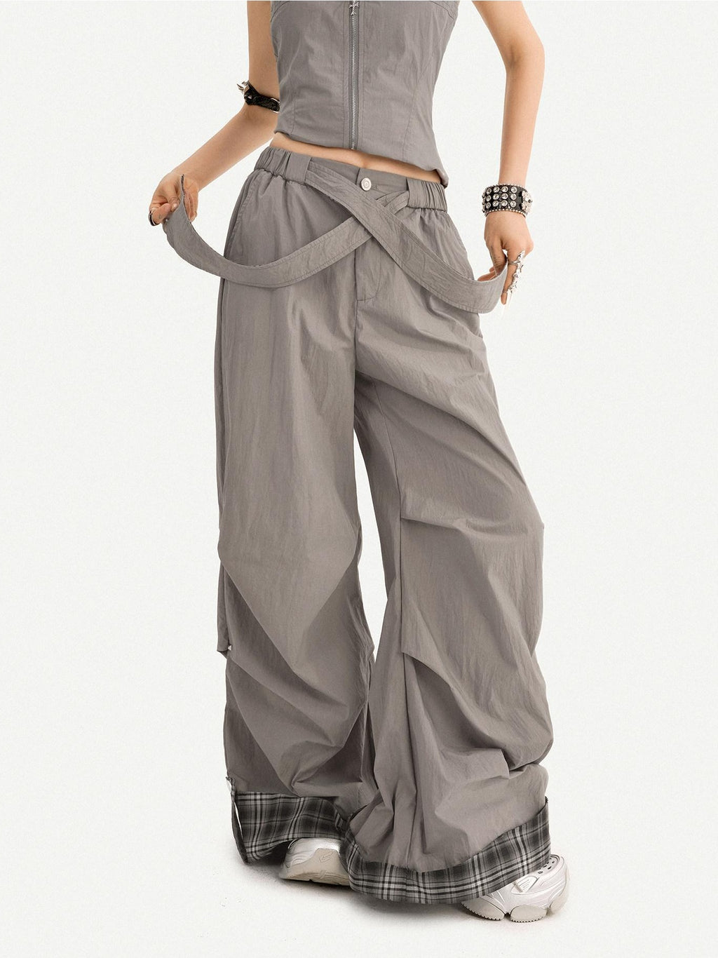 Nico Molly Natural Waist Vintage Plaid Tie Waist Cuffed Women Gray Polyester Wide Leg Pants