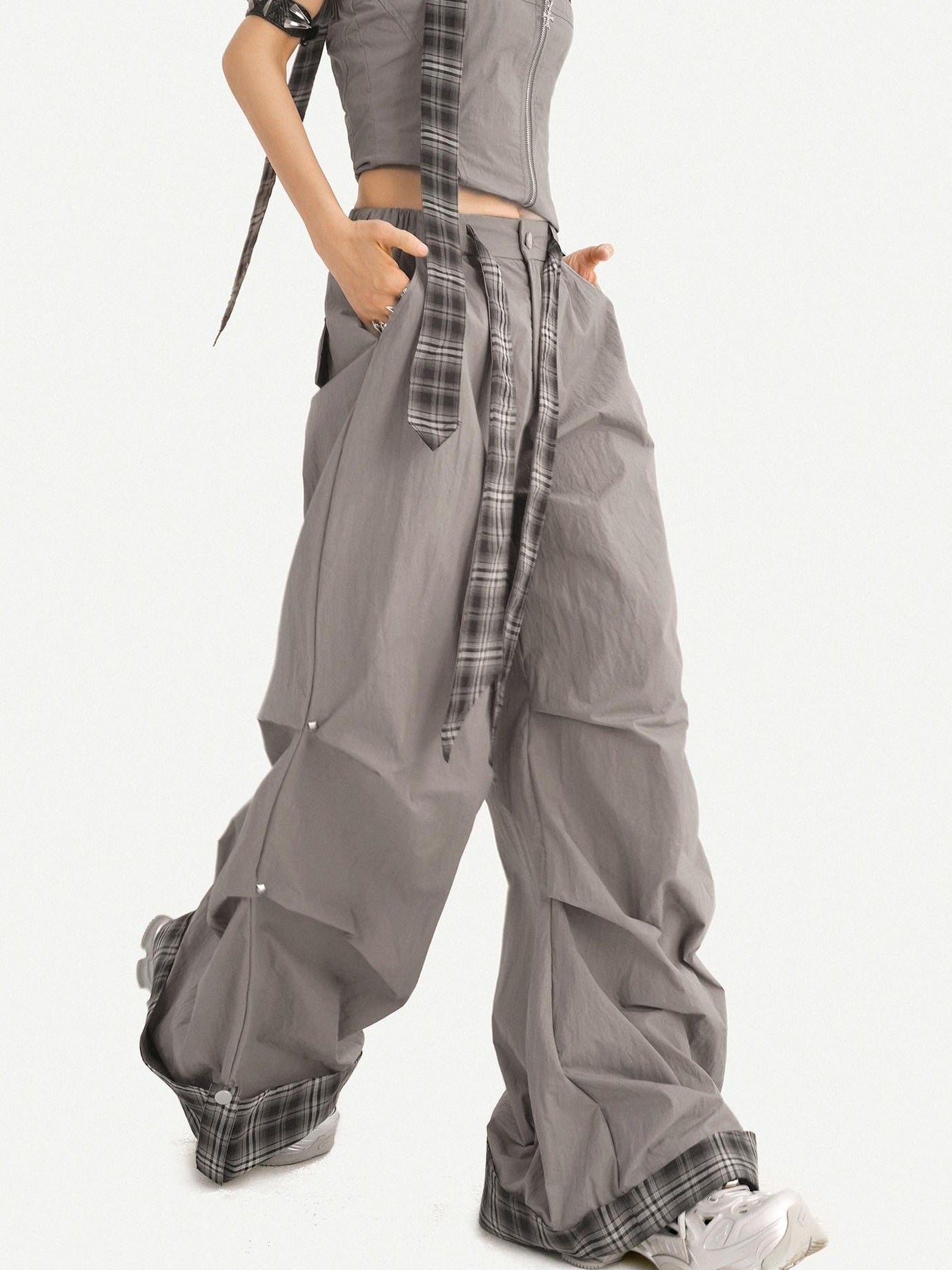 Nico Molly Natural Waist Vintage Plaid Tie Waist Cuffed Women Gray Polyester Wide Leg Pants