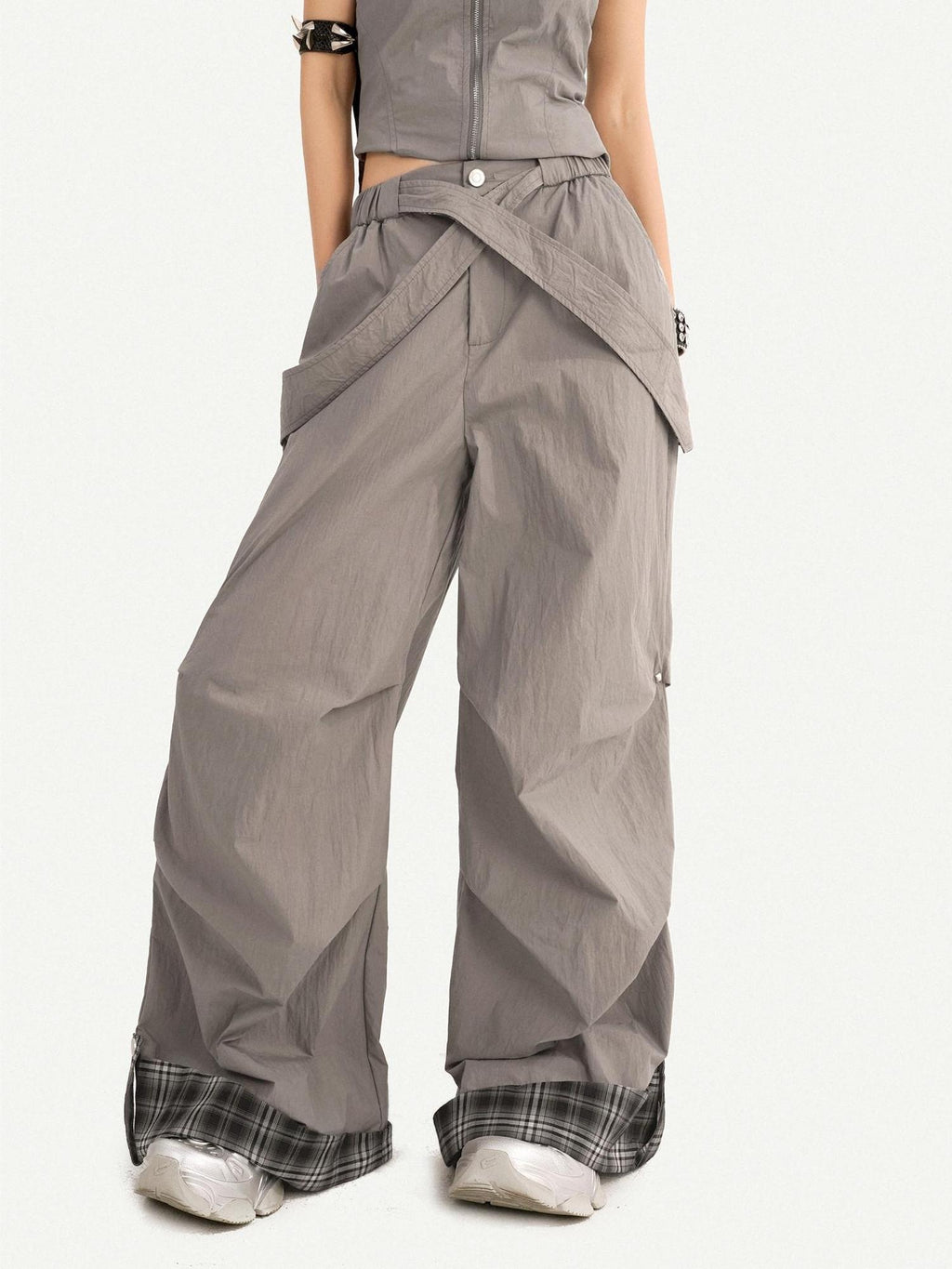 Nico Molly Natural Waist Vintage Plaid Tie Waist Cuffed Women Gray Polyester Wide Leg Pants