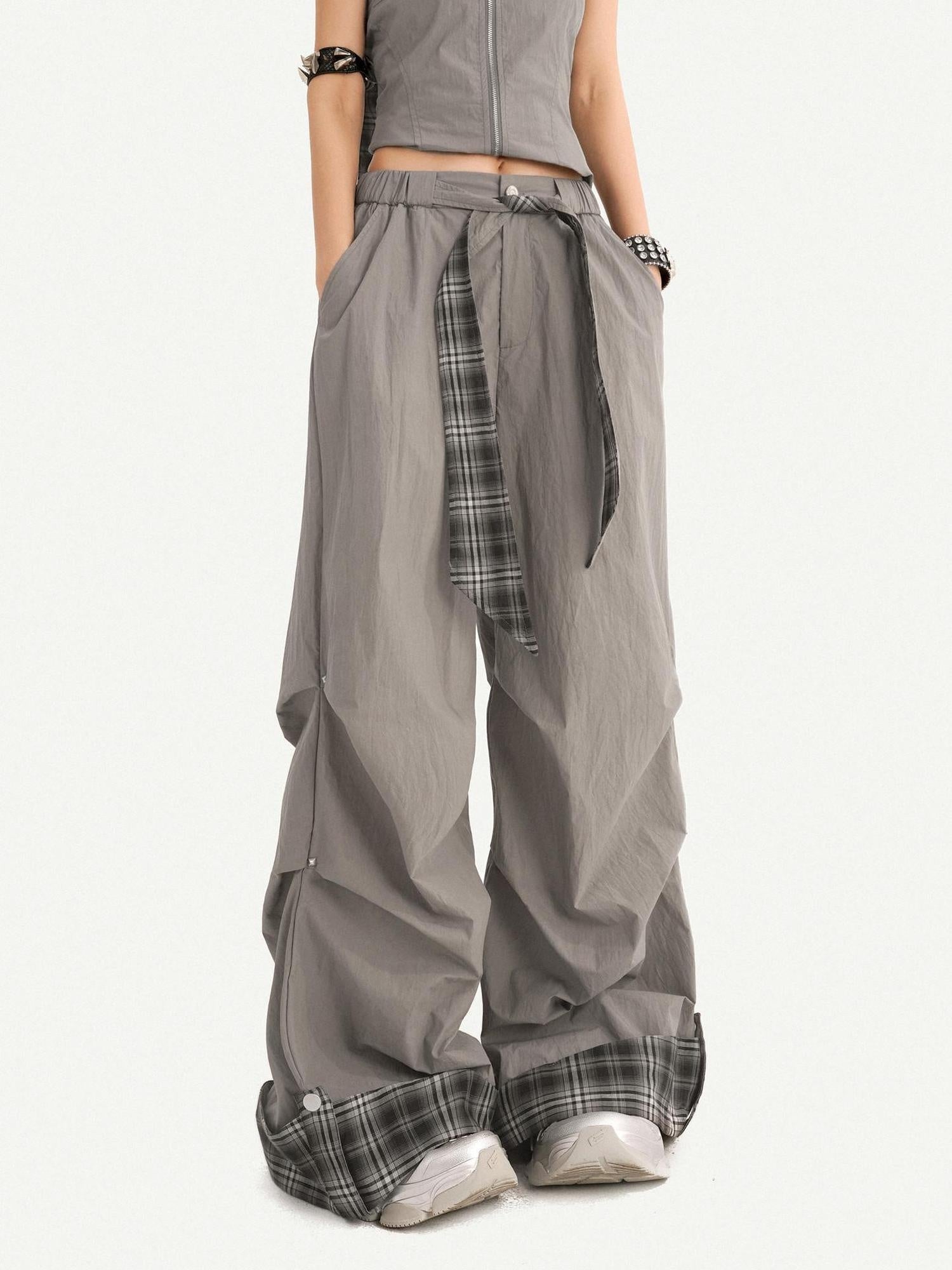 Nico Molly Natural Waist Vintage Plaid Tie Waist Cuffed Women Gray Polyester Wide Leg Pants