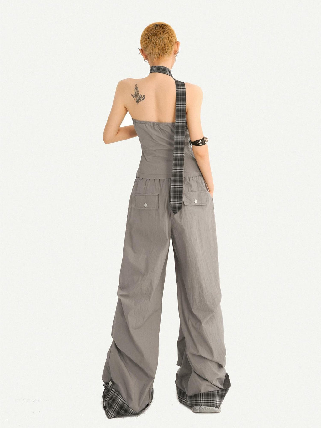 Nico Molly Natural Waist Vintage Plaid Tie Waist Cuffed Women Gray Polyester Wide Leg Pants