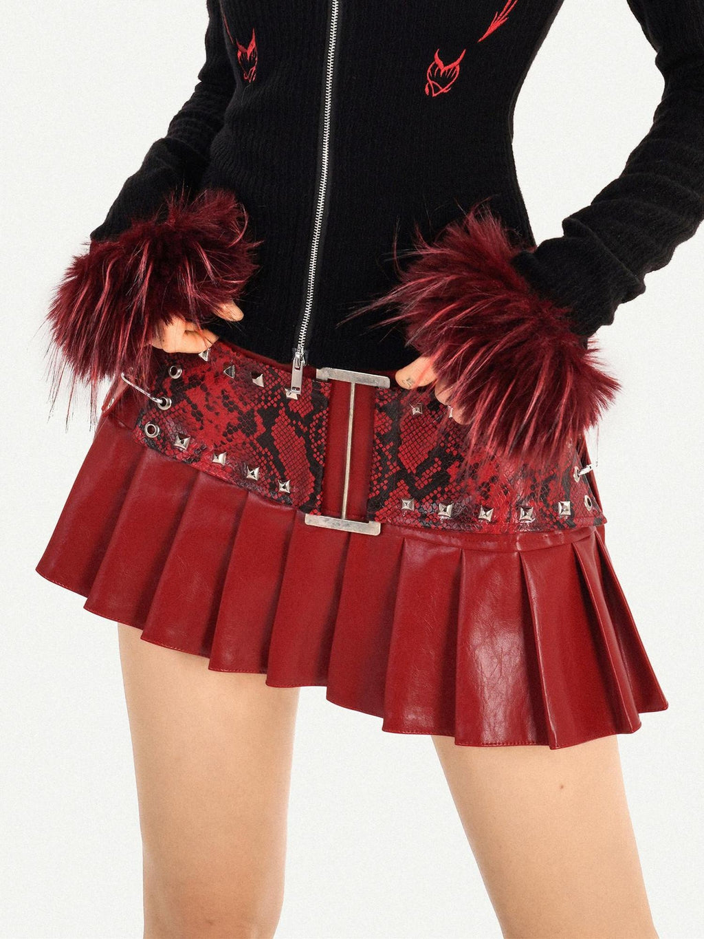 Nico Molly Non Deforming Lined Vintage High Waist Pleated Slim Side Zipper Red Mini Skirts