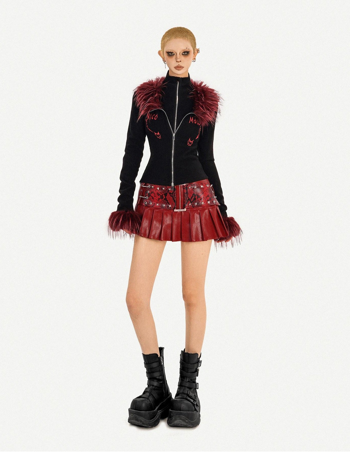 Nico Molly Non Deforming Lined Vintage High Waist Pleated Slim Side Zipper Red Mini Skirts