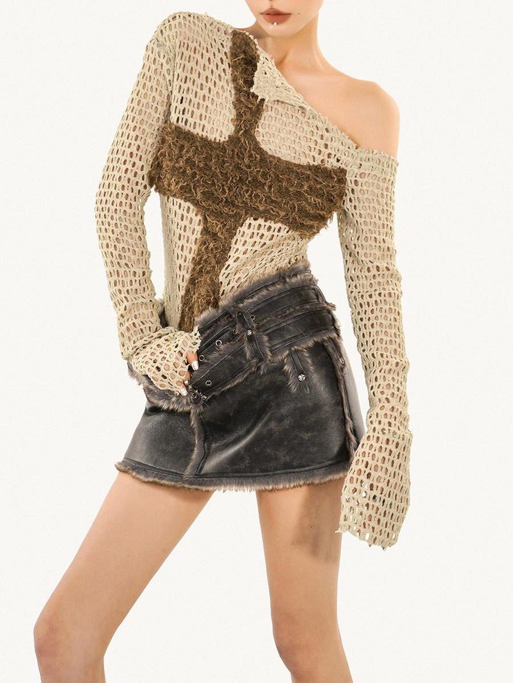 Nico Molly Off Shoulder Cutout Oversized Euro Style Women Letter Print Polyester Knitwear
