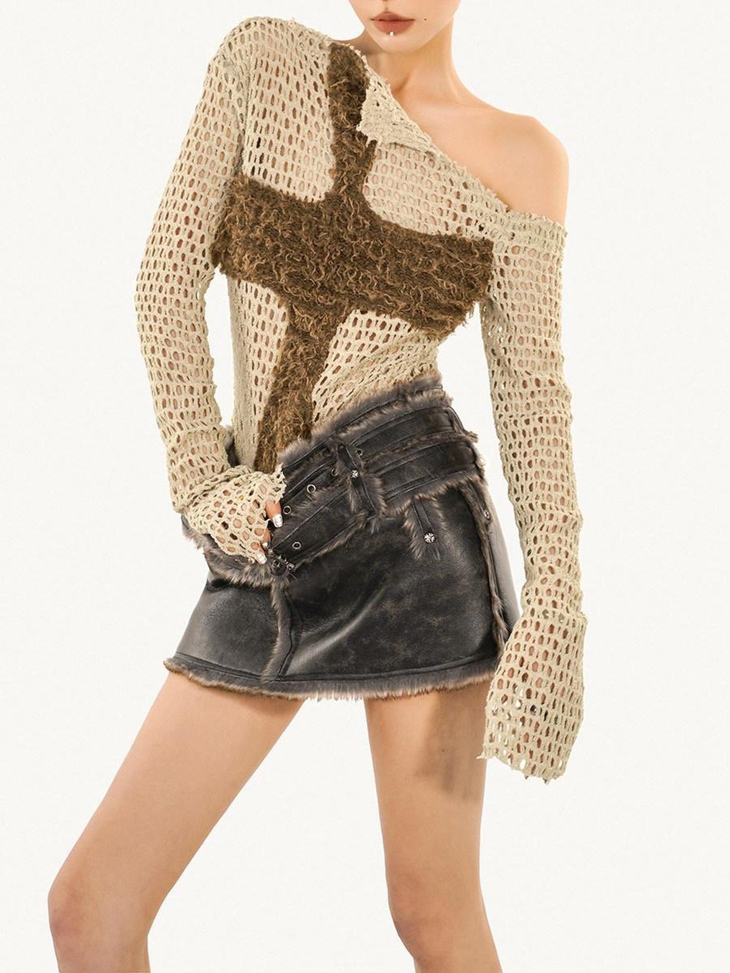 Nico Molly Off Shoulder Cutout Oversized Euro Style Women Letter Print Polyester Knitwear