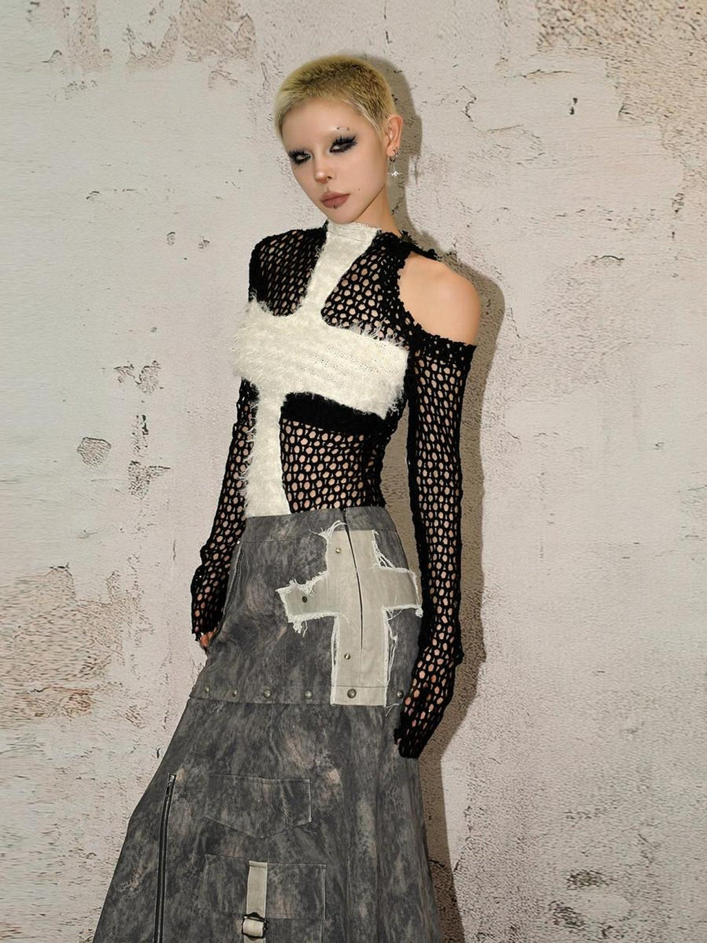 Nico Molly Off Shoulder Cutout Oversized Euro Style Women Letter Print Polyester Knitwear