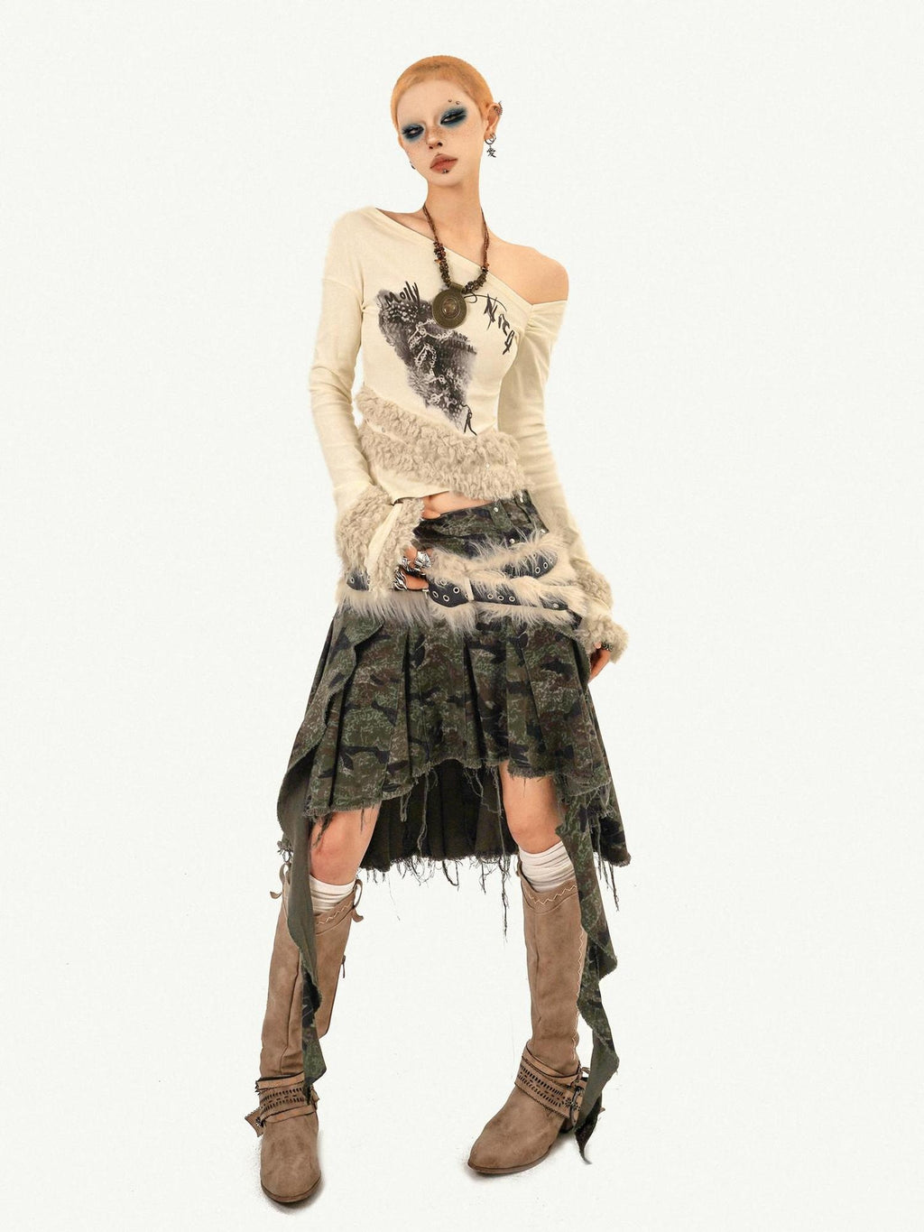 Nico Molly Off White Character Print Slim Fit Slanted Neck Women Cotton Long Sleeve T-Shirts