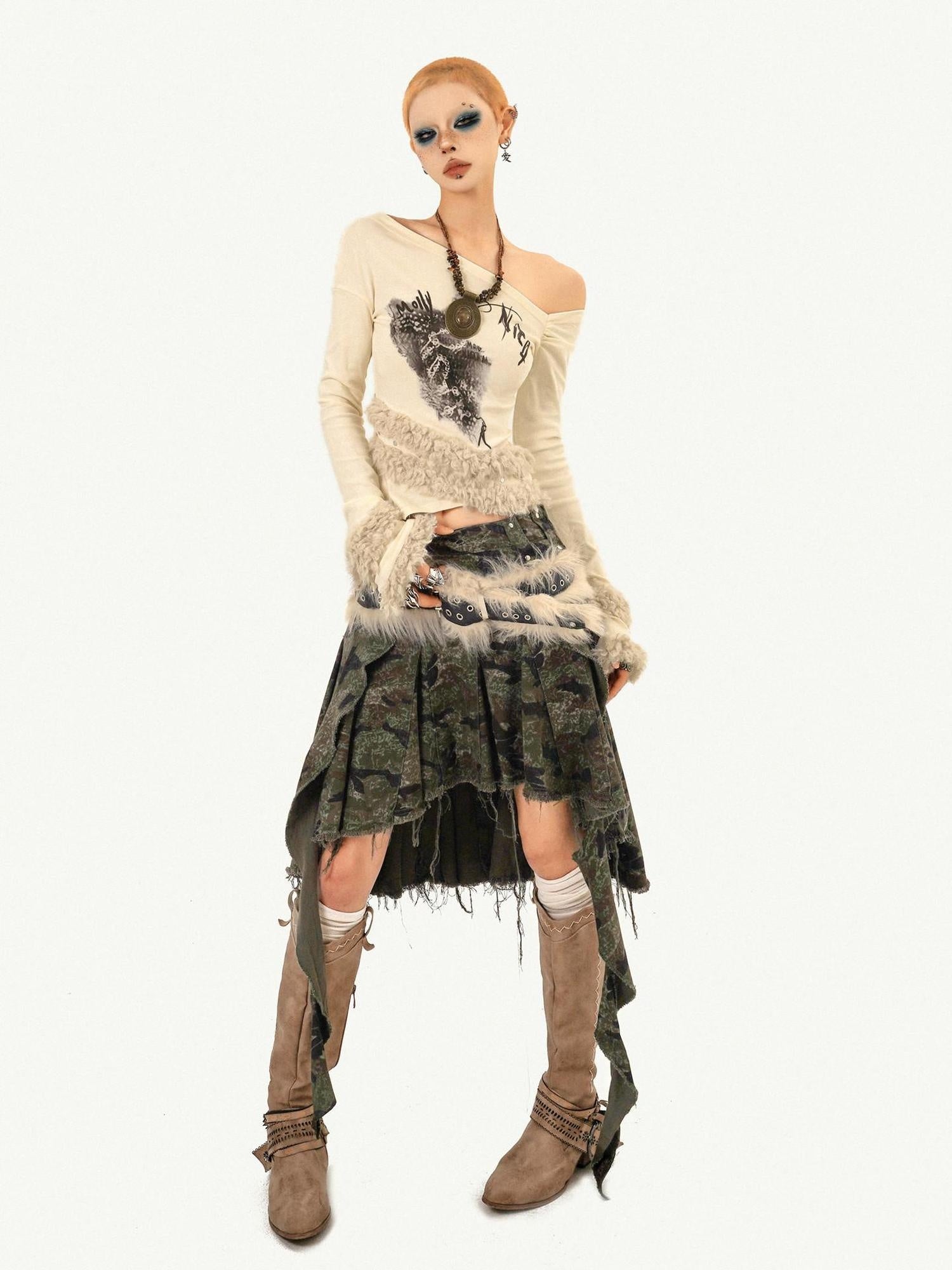Nico Molly Off White Character Print Slim Fit Slanted Neck Women Cotton Long Sleeve T-Shirts