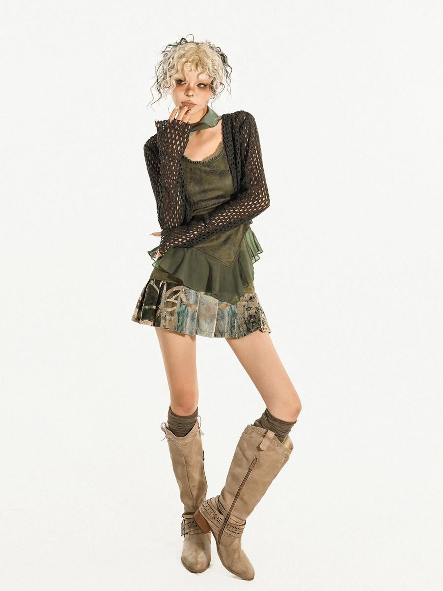Nico Molly Olive Green V-neck Tie Front Urban Streetwear Regular Fit Knit Cardigans