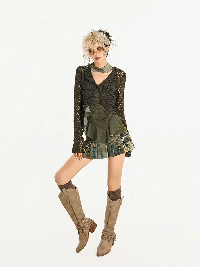 Nico Molly Olive Green V-neck Tie Front Urban Streetwear Regular Fit Knit Cardigans