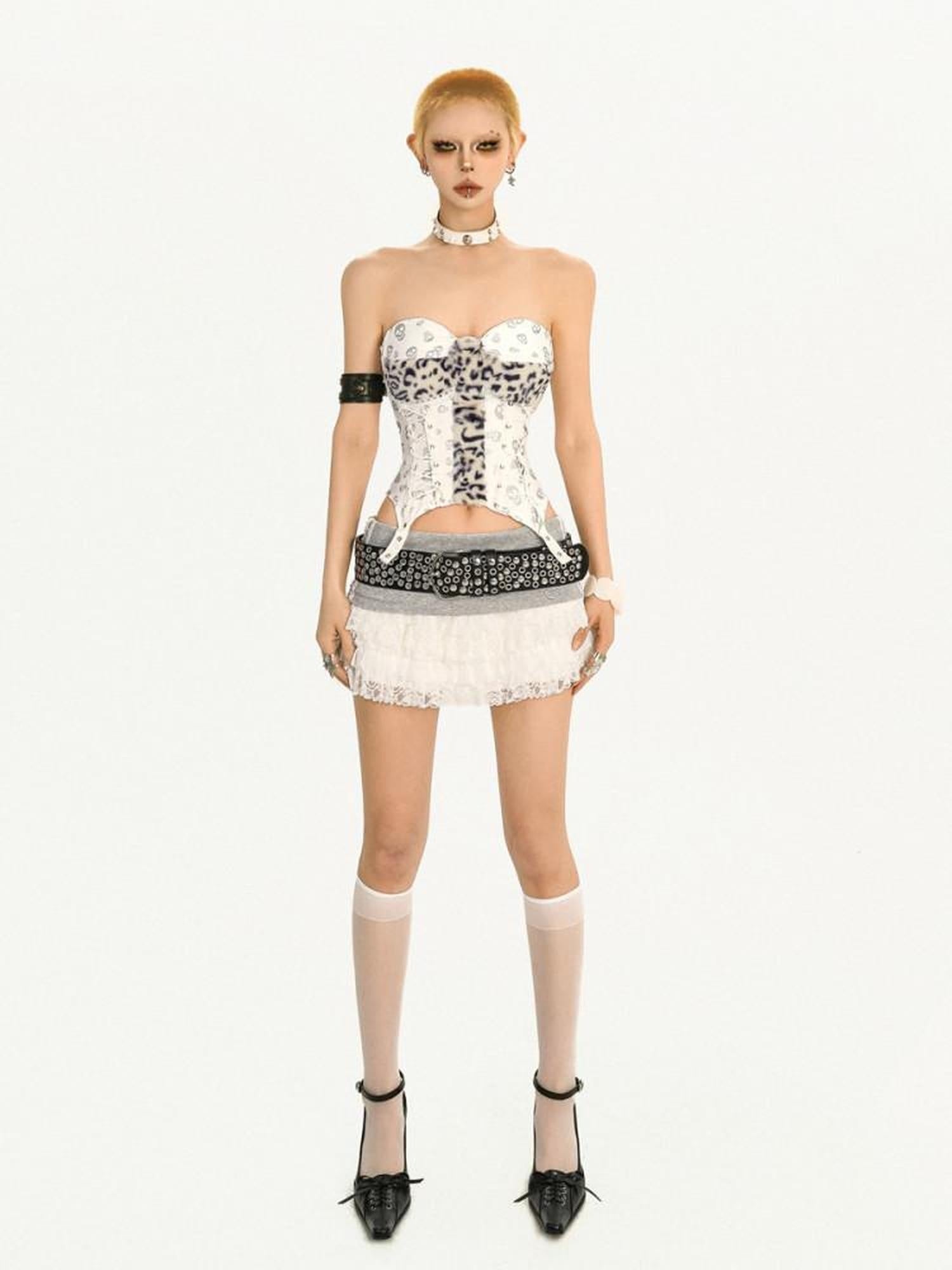 Nico Molly Original Asymmetric Padded Slim Fit Short White Leopard Print Women Tube Tops