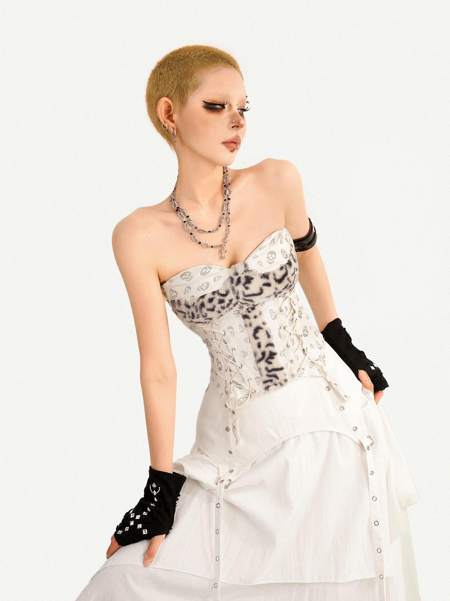 Nico Molly Original Asymmetric Padded Slim Fit Short White Leopard Print Women Tube Tops