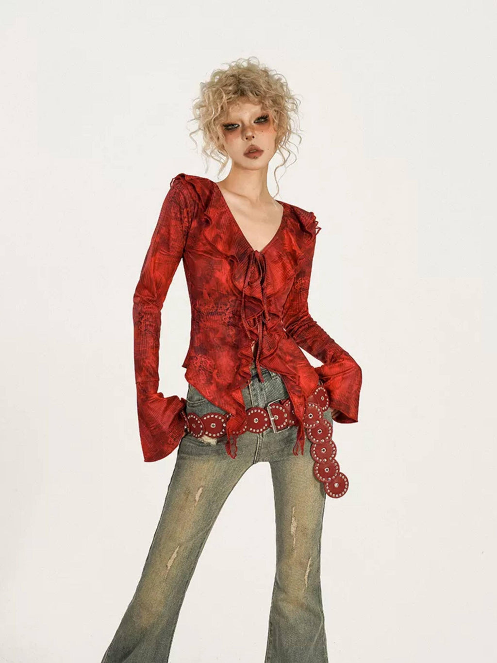 Nico Molly Original Design Colorfast Slim Fit V-neck Bell Sleeve Tie Dye Blouses