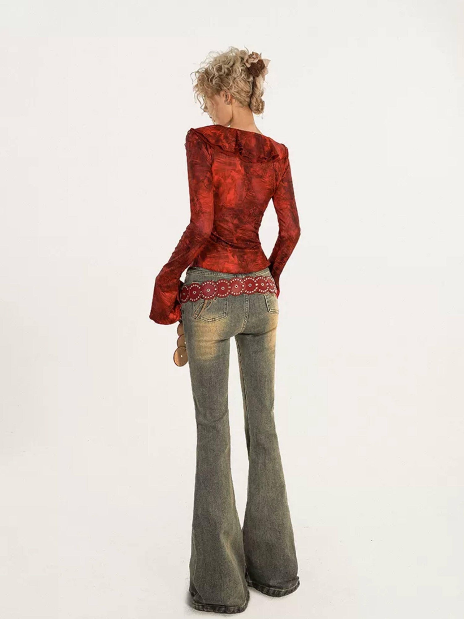 Nico Molly Original Design Colorfast Slim Fit V-neck Bell Sleeve Tie Dye Blouses