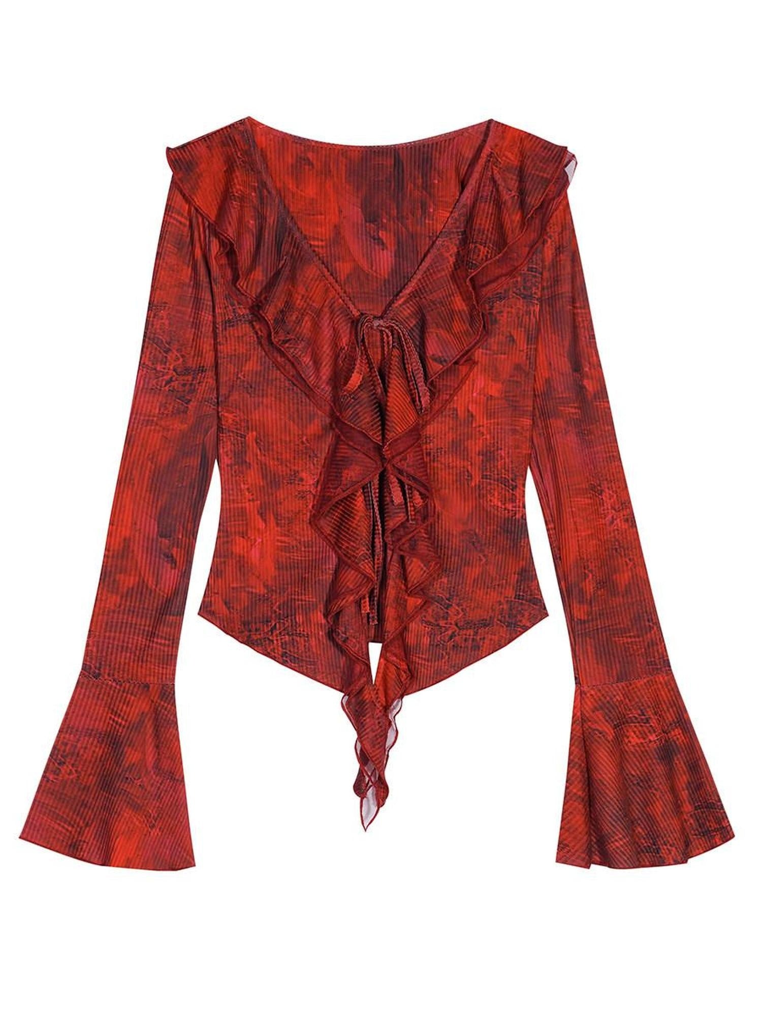 Nico Molly Original Design Colorfast Slim Fit V-neck Bell Sleeve Tie Dye Blouses