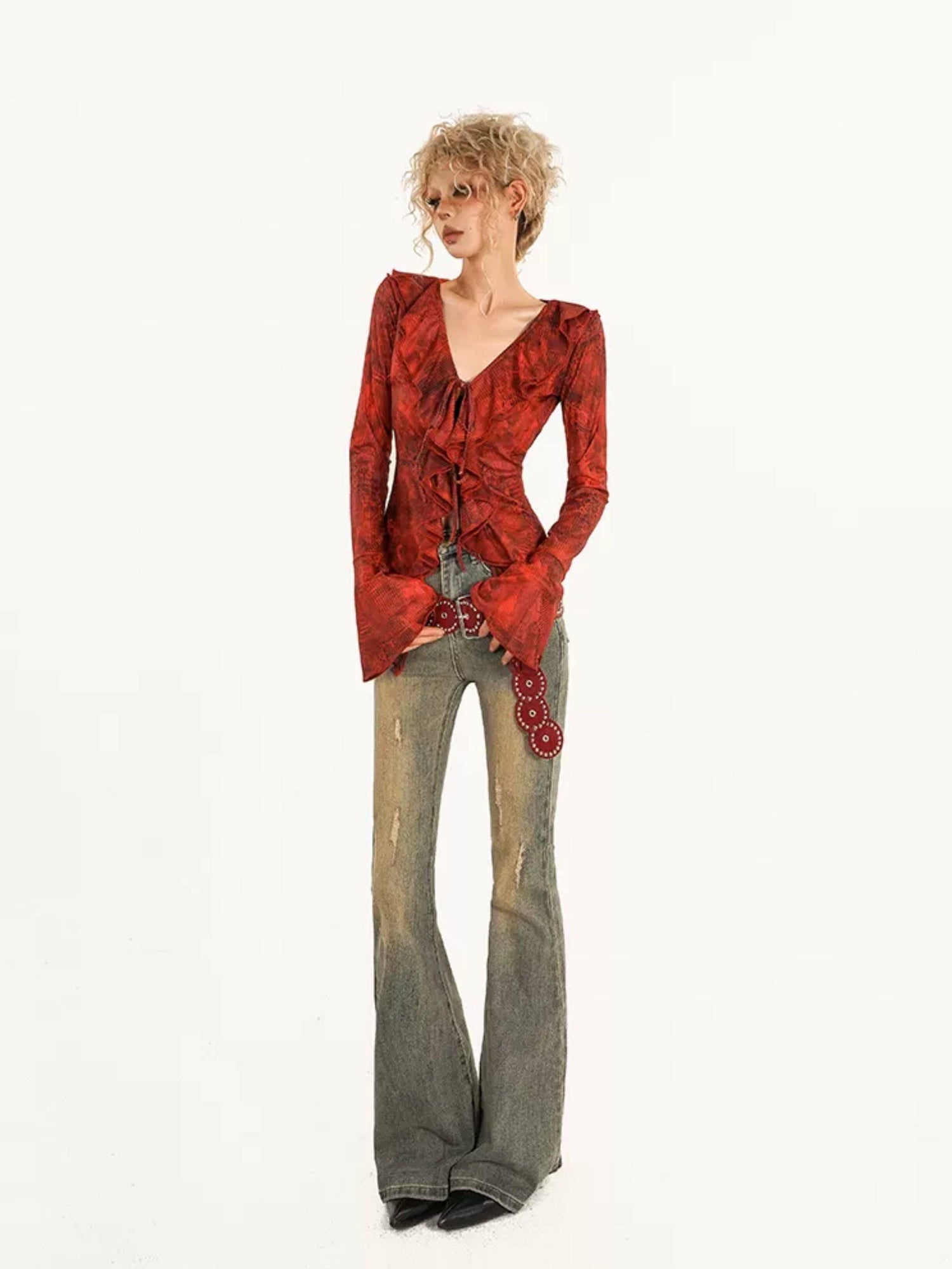 Nico Molly Original Design Colorfast Slim Fit V-neck Bell Sleeve Tie Dye Blouses