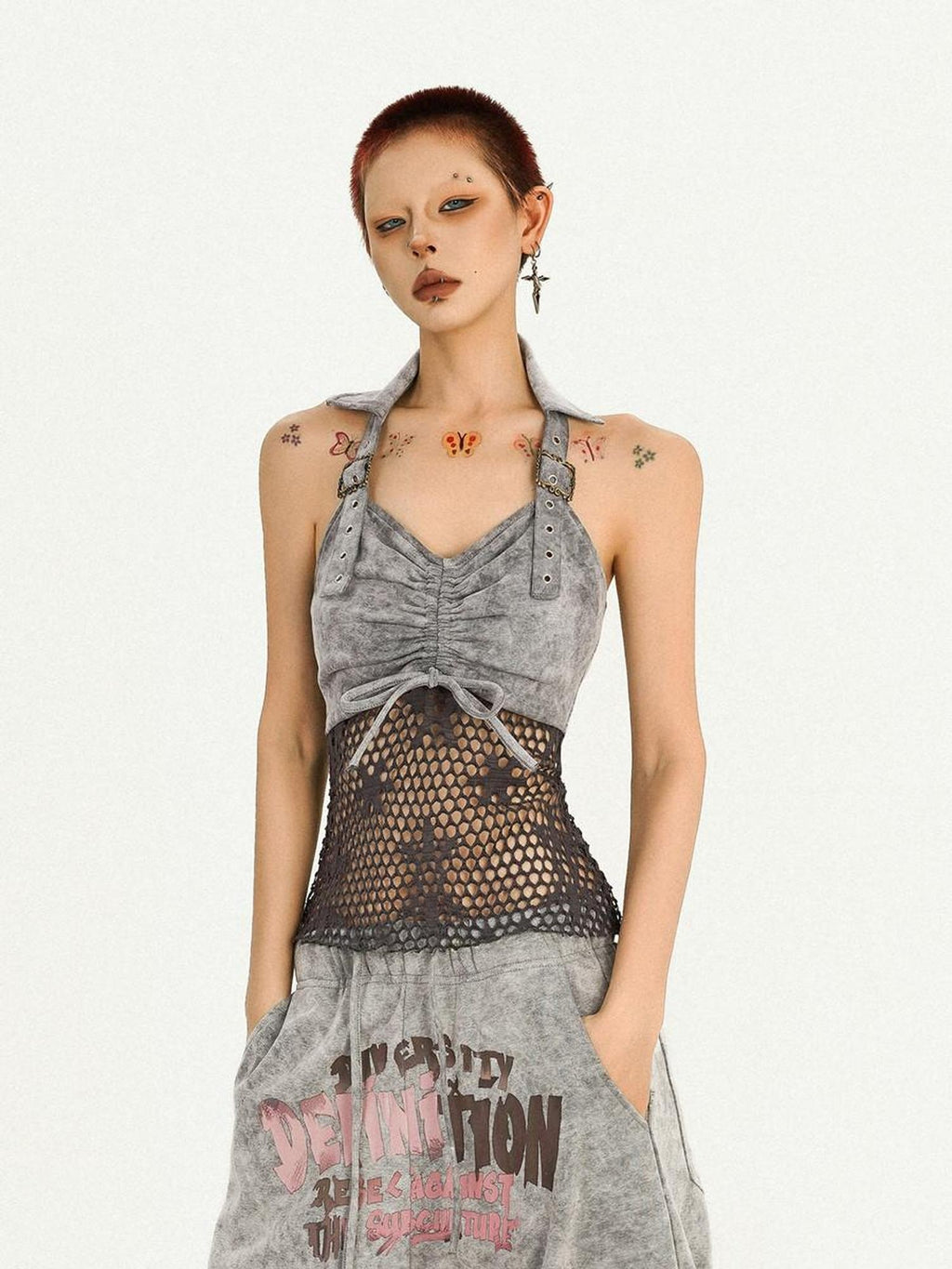 Nico Molly Original Design Fitted Mesh Halter With Built In Padding Women Grey Camisoles