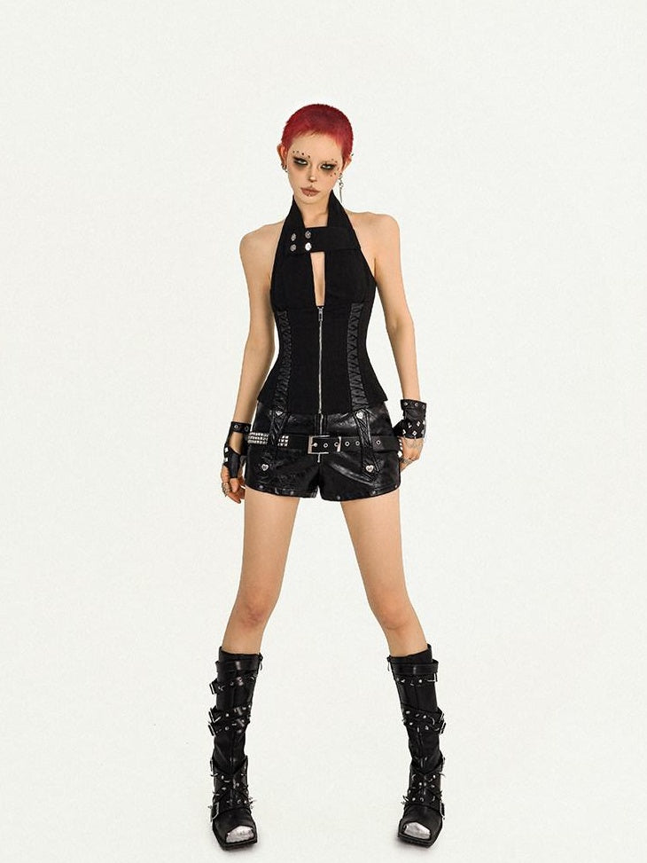 Nico Molly Original Design Zip Front Halter Slim Fit Nylon Black Women Versatile Camisoles
