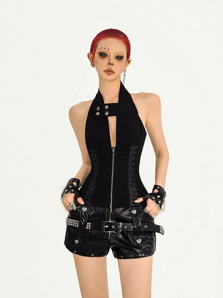 Nico Molly Original Design Zip Front Halter Slim Fit Nylon Black Women Versatile Camisoles