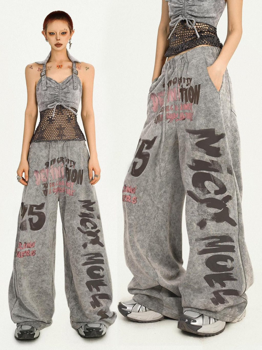 Nico Molly Original Vintage Print Relaxed Natural Waist Gray Womens Wide Leg Pants